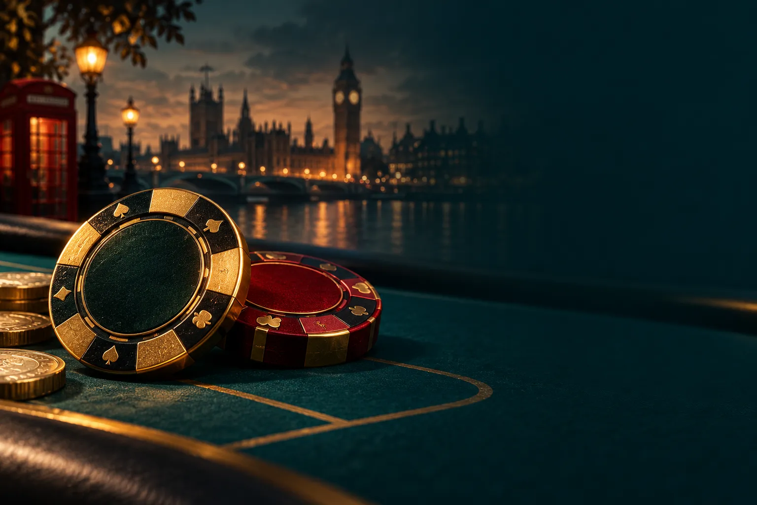 Two abstract casino chips, one gold and one deep red, resting on a dark teal felt table under soft cinematic amber lighting, 