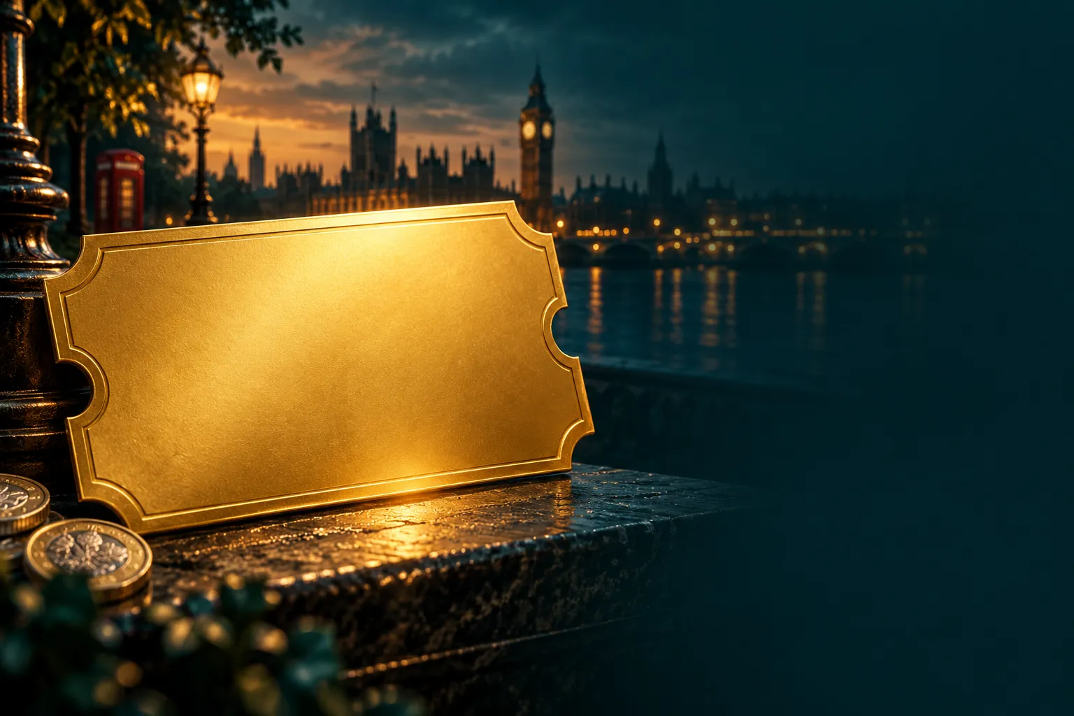 A gleaming golden ticket with blank surface rests against a deep teal background in a cinematic editorial style