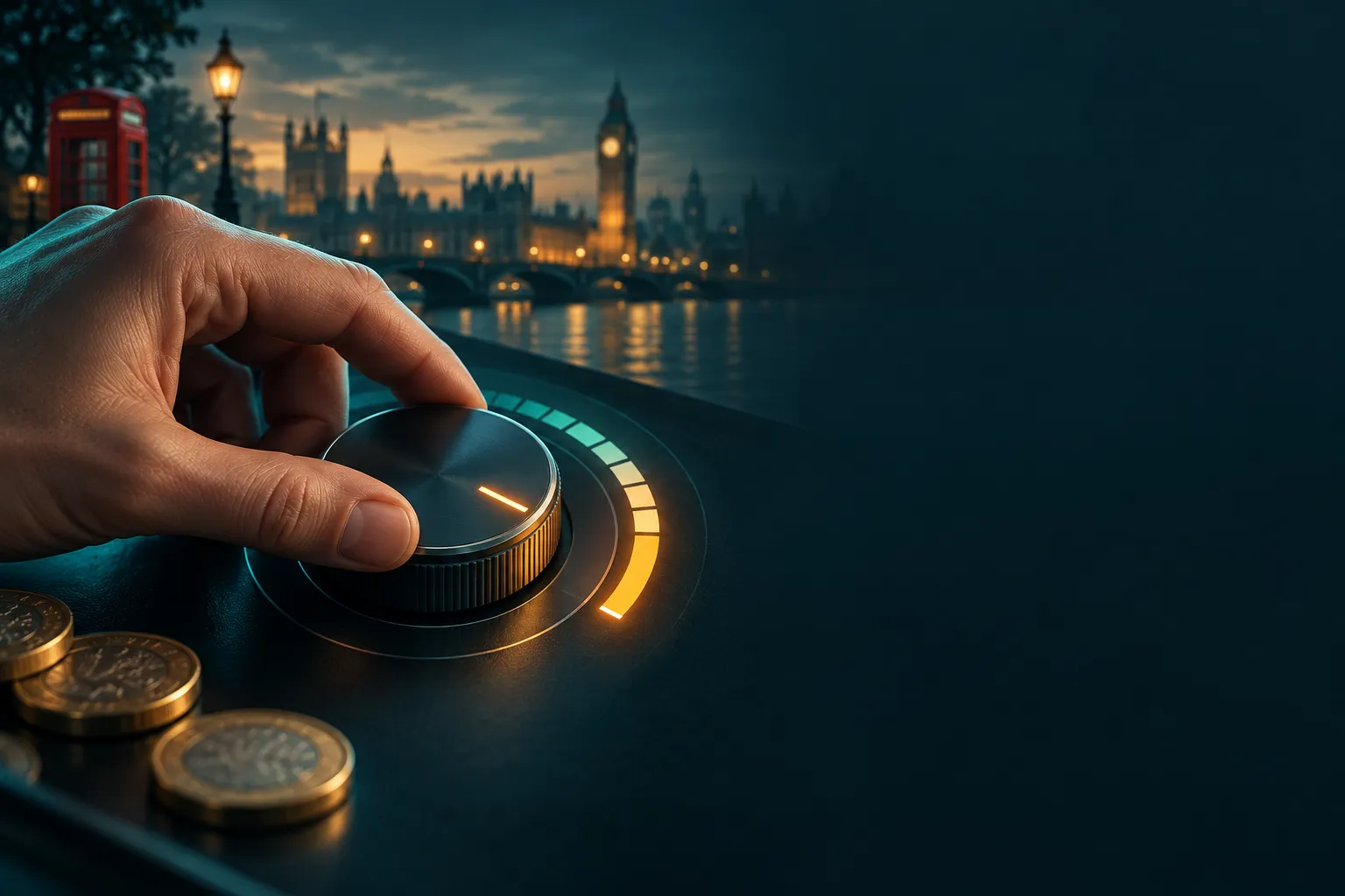 A calm hand adjusting a teal-lit dial to a limit setting, conveying responsible gambling controls on a UK casino review site.