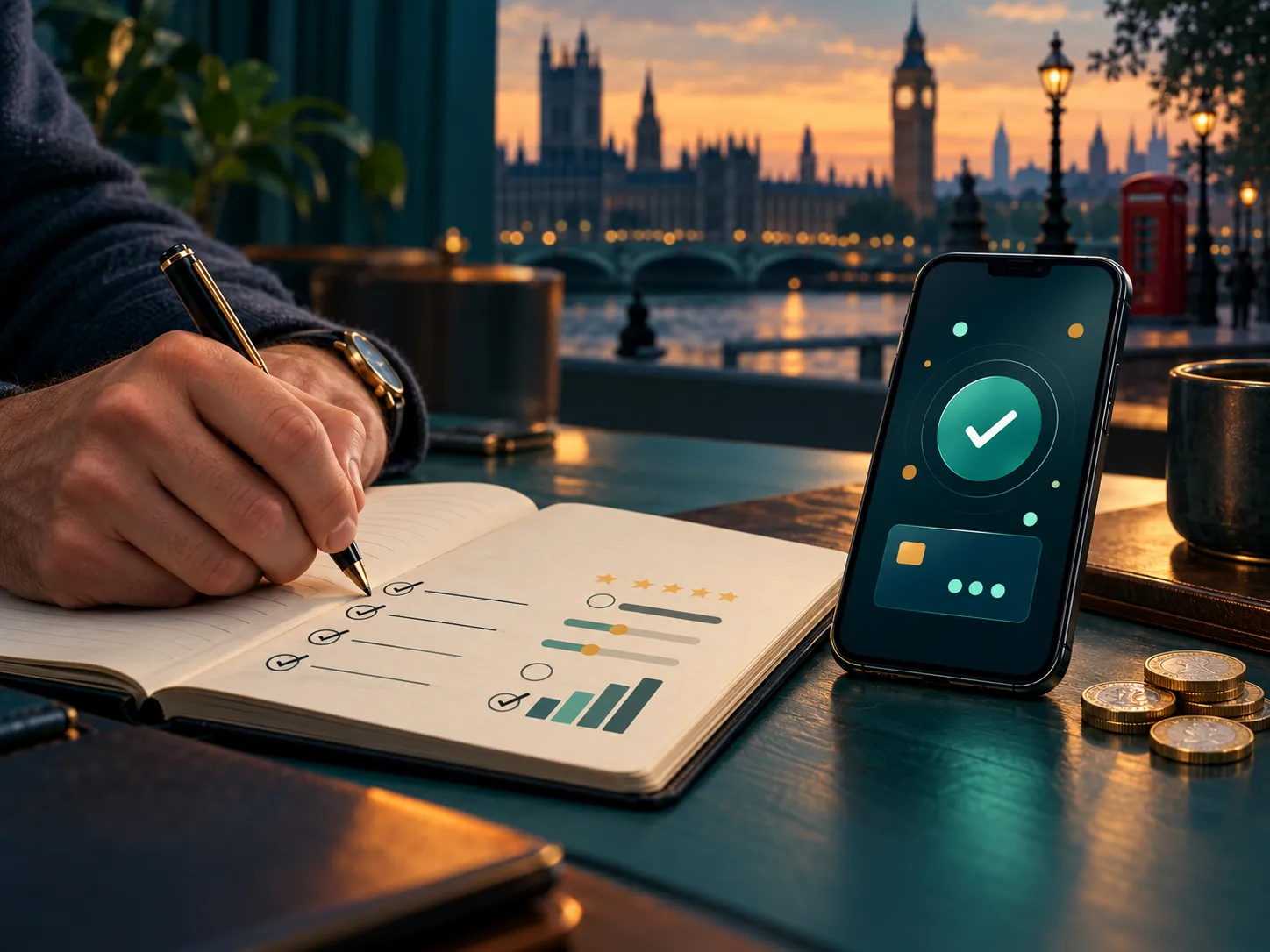 A hand writing in a test log beside a phone displaying a payment confirmation screen, teal and amber tones, UK casino review 