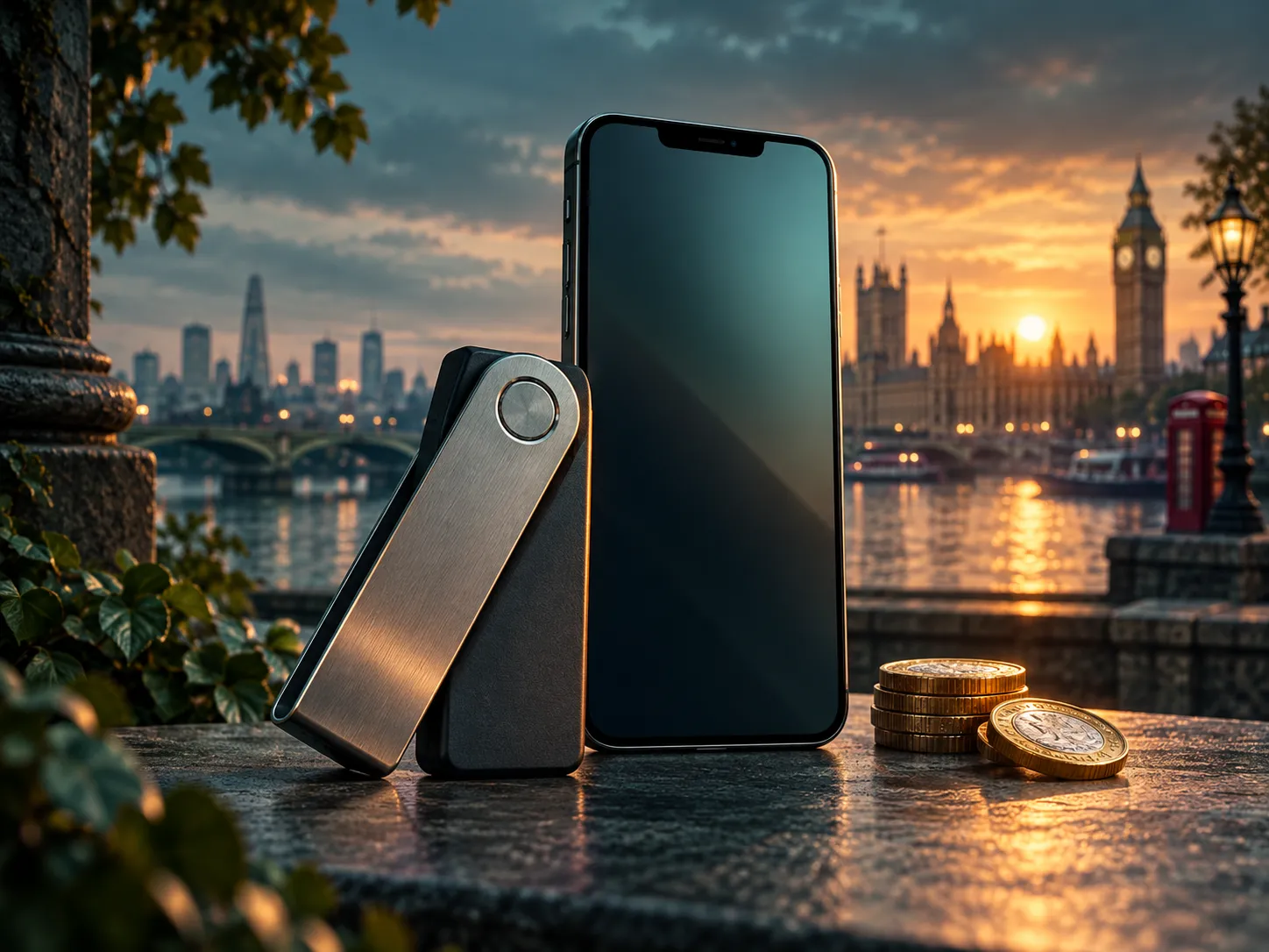 A hardware crypto wallet beside a smartphone, semi-realistic digital painting in deep teal and amber with subtle UK skyline a