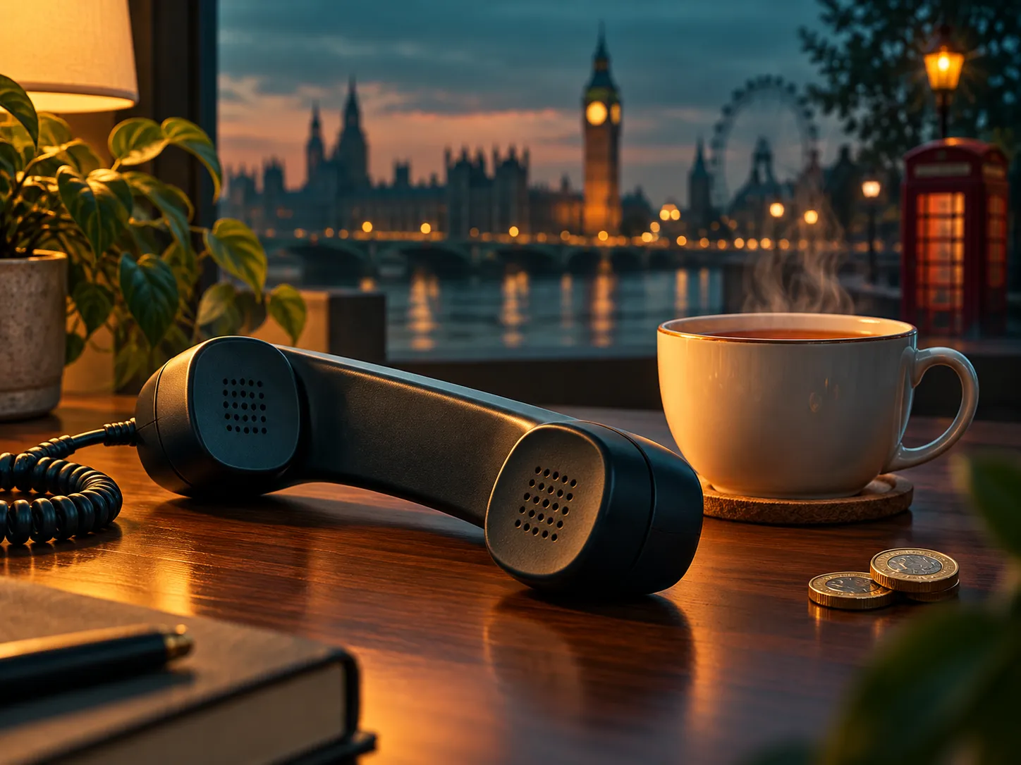 A telephone handset beside a steaming cup of tea, set against a deep teal background with warm amber lighting, suggesting cal