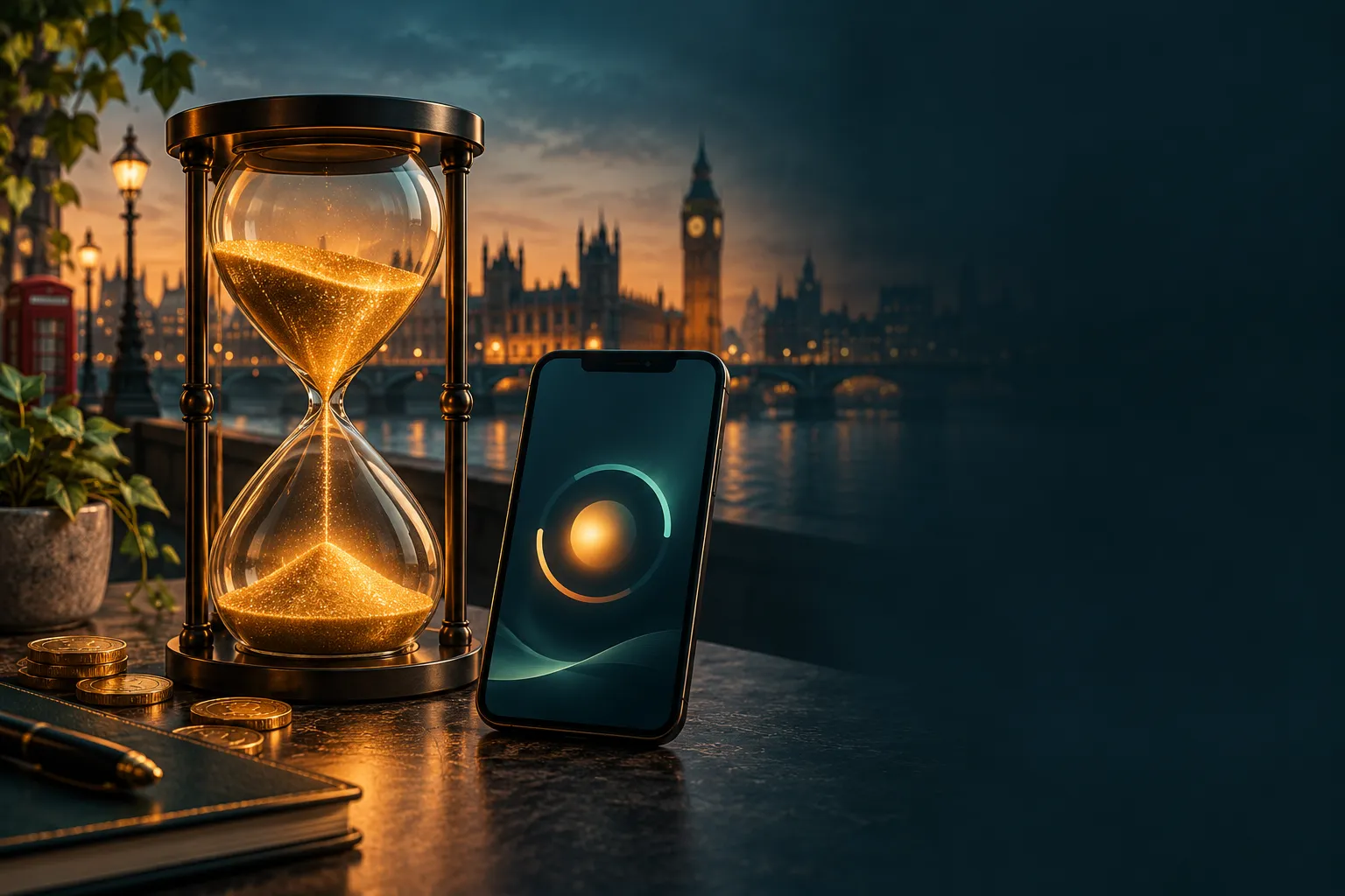 An hourglass with gold sand beside a smartphone showing an abstract pending status on a dark teal surface, editorial casino r