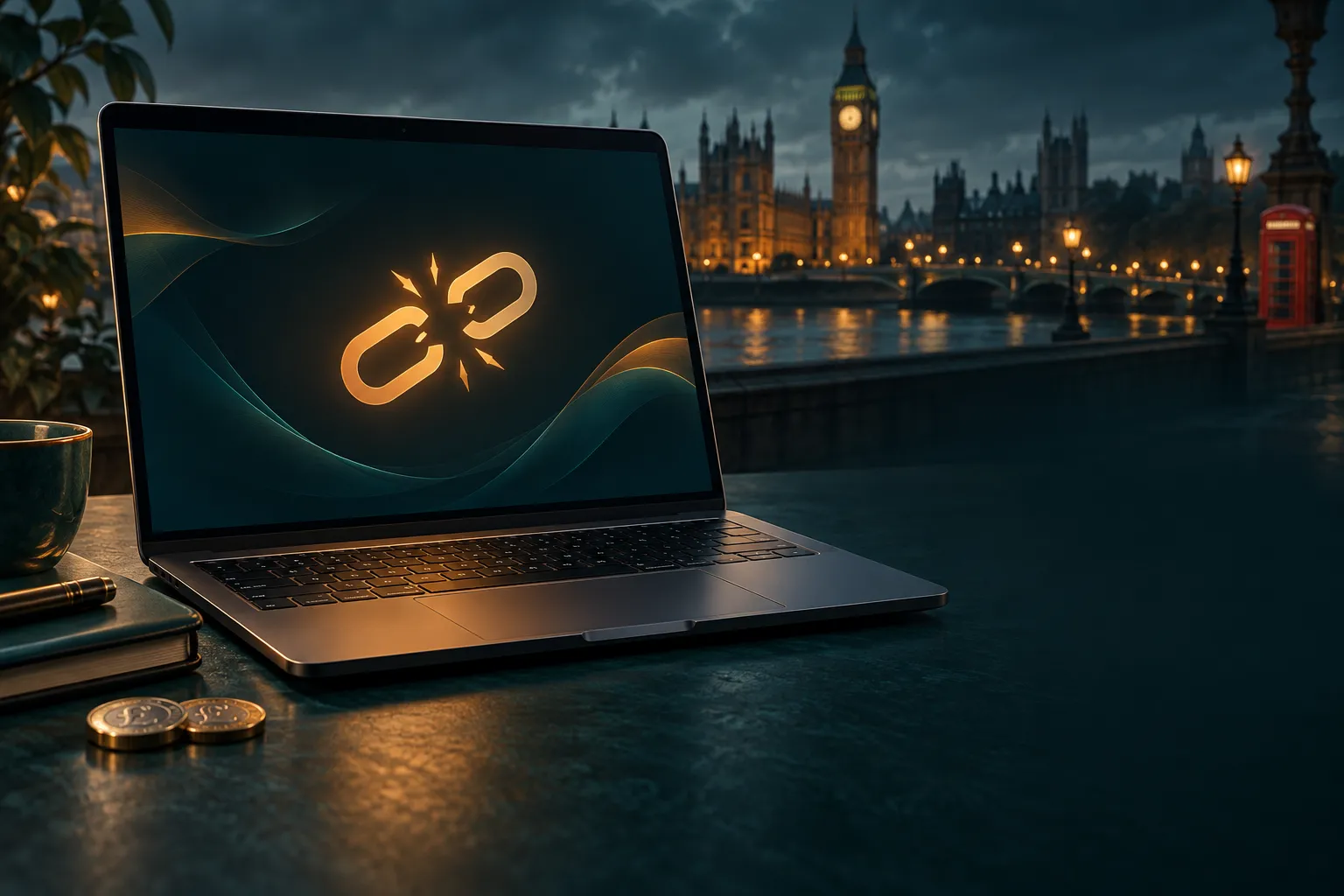 Laptop displaying an amber broken-connection symbol on a dark teal background with subtle UK editorial accents