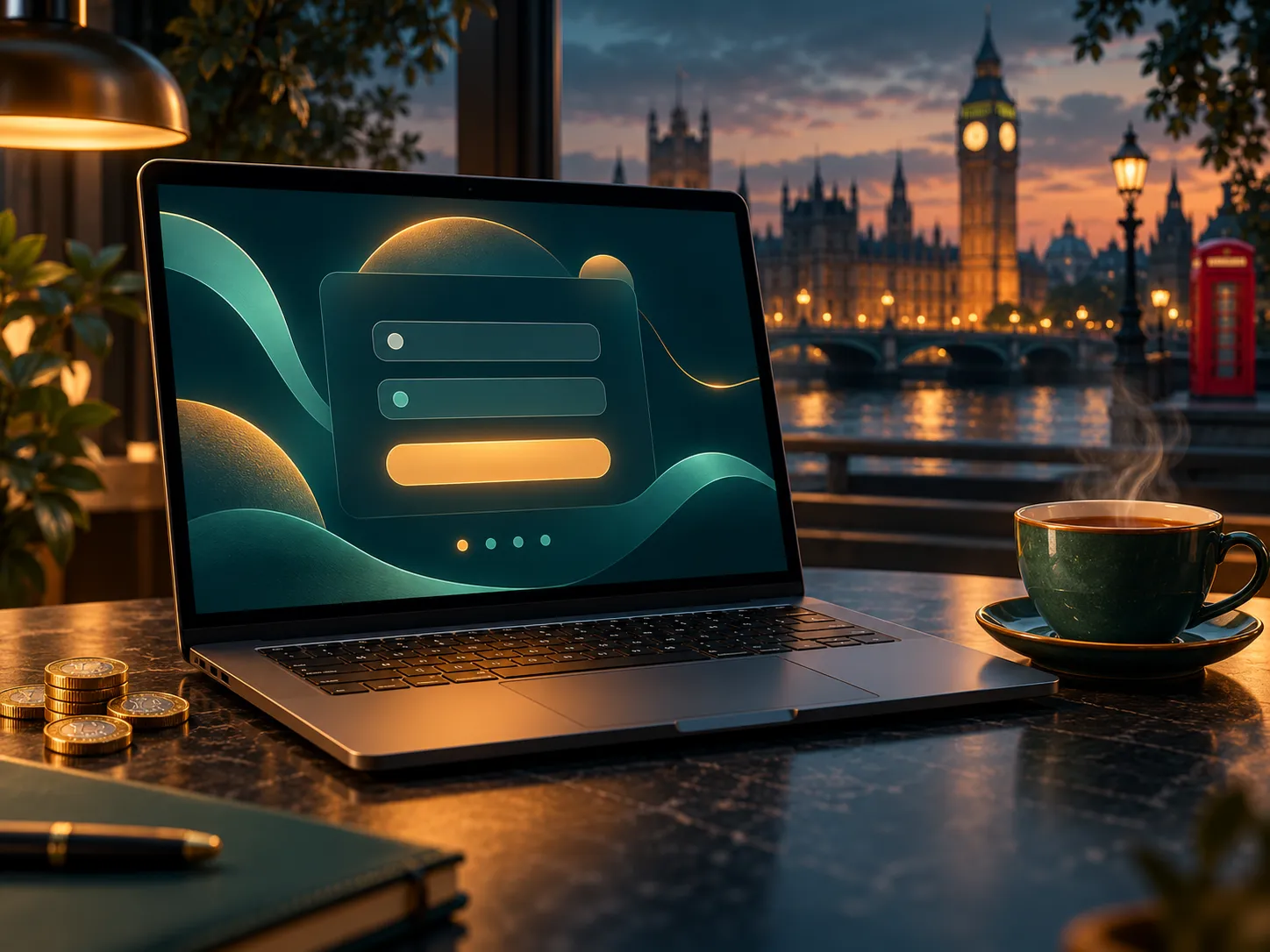 A laptop displaying an abstract login screen beside a cup of tea, set against a deep teal background with warm amber accents 