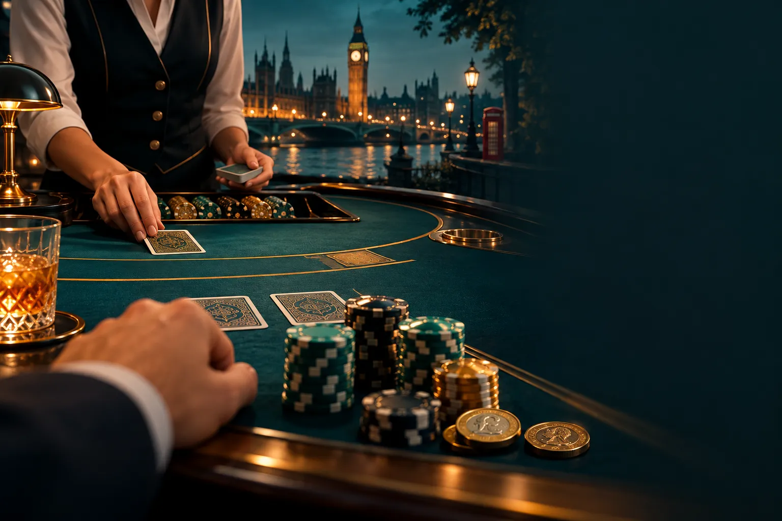 Live dealer casino table from player perspective with abstract cards and chips under warm teal cinematic lighting, UK review 