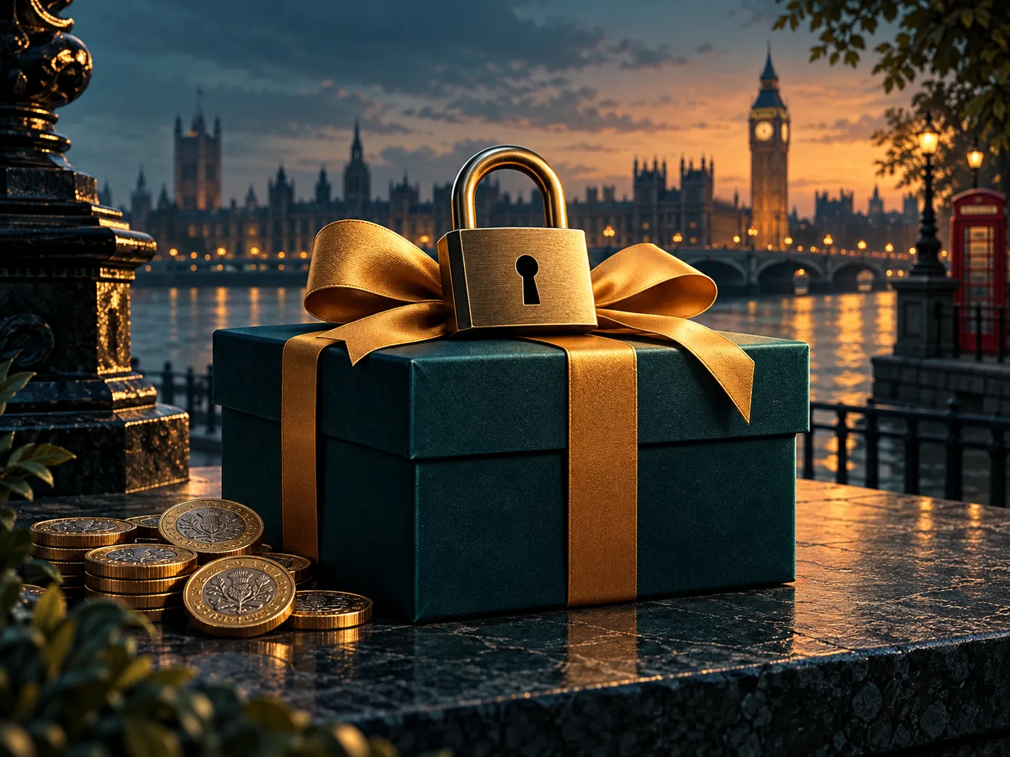 A padlocked gift box on a deep teal background representing restricted casino bonus terms and conditions