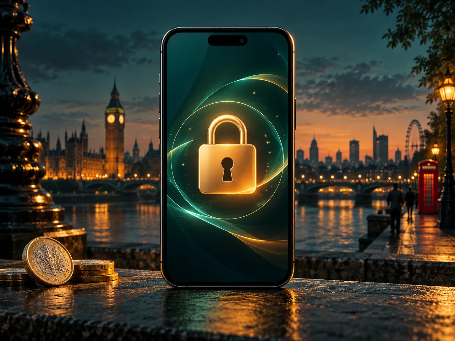 A locked padlock displayed on a smartphone screen, illustrated in deep teal and amber tones with subtle UK-themed accents, co