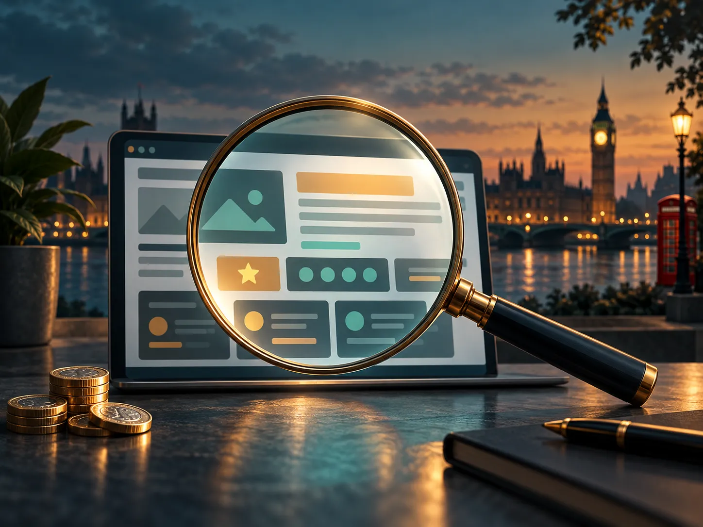 A magnifying glass examining a webpage layout, editorial illustration with deep teal and amber tones, subtle UK skyline accen
