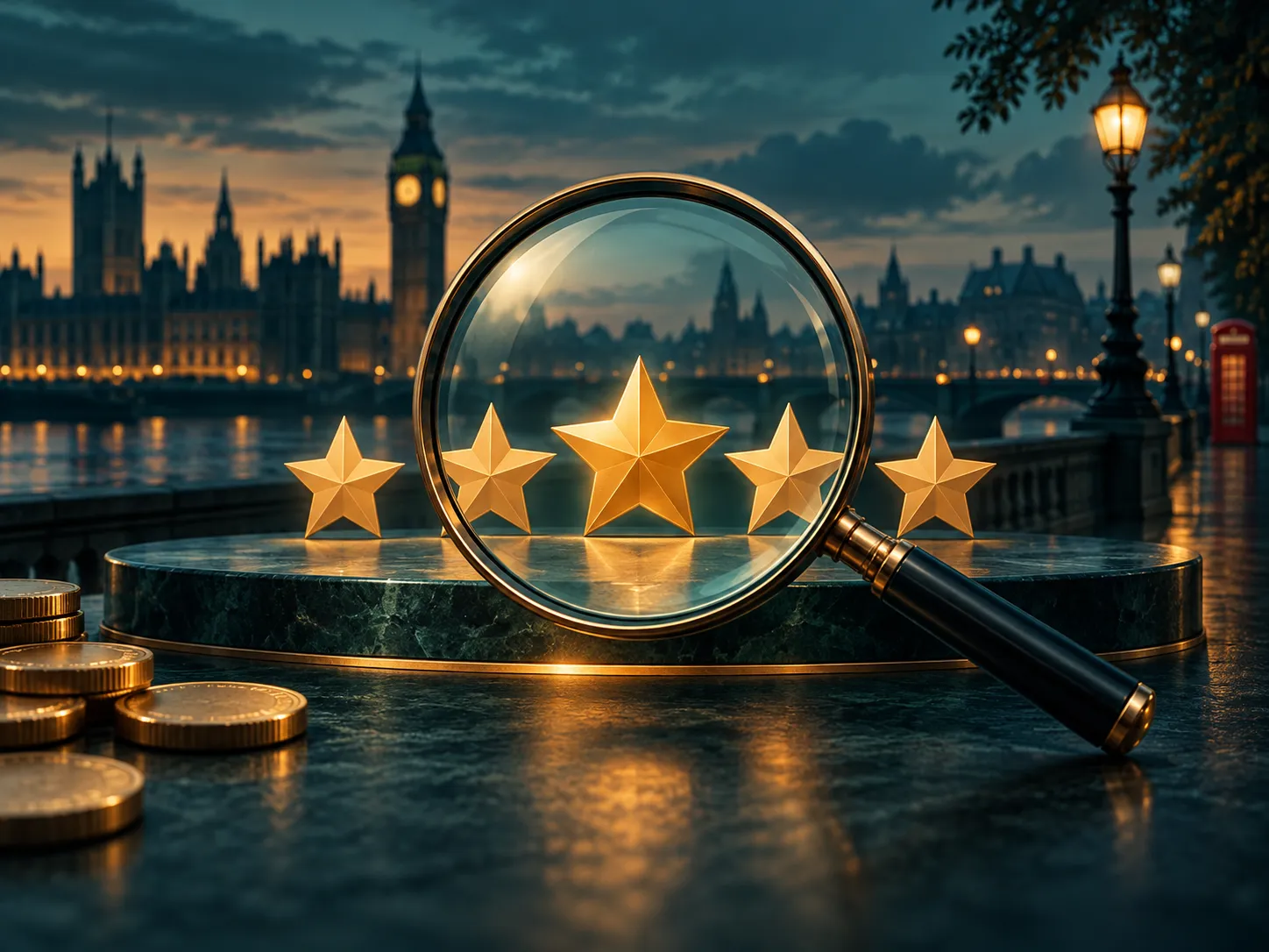 A magnifying glass hovering over an abstract star rating, rendered in deep teal and amber tones with a cinematic editorial st