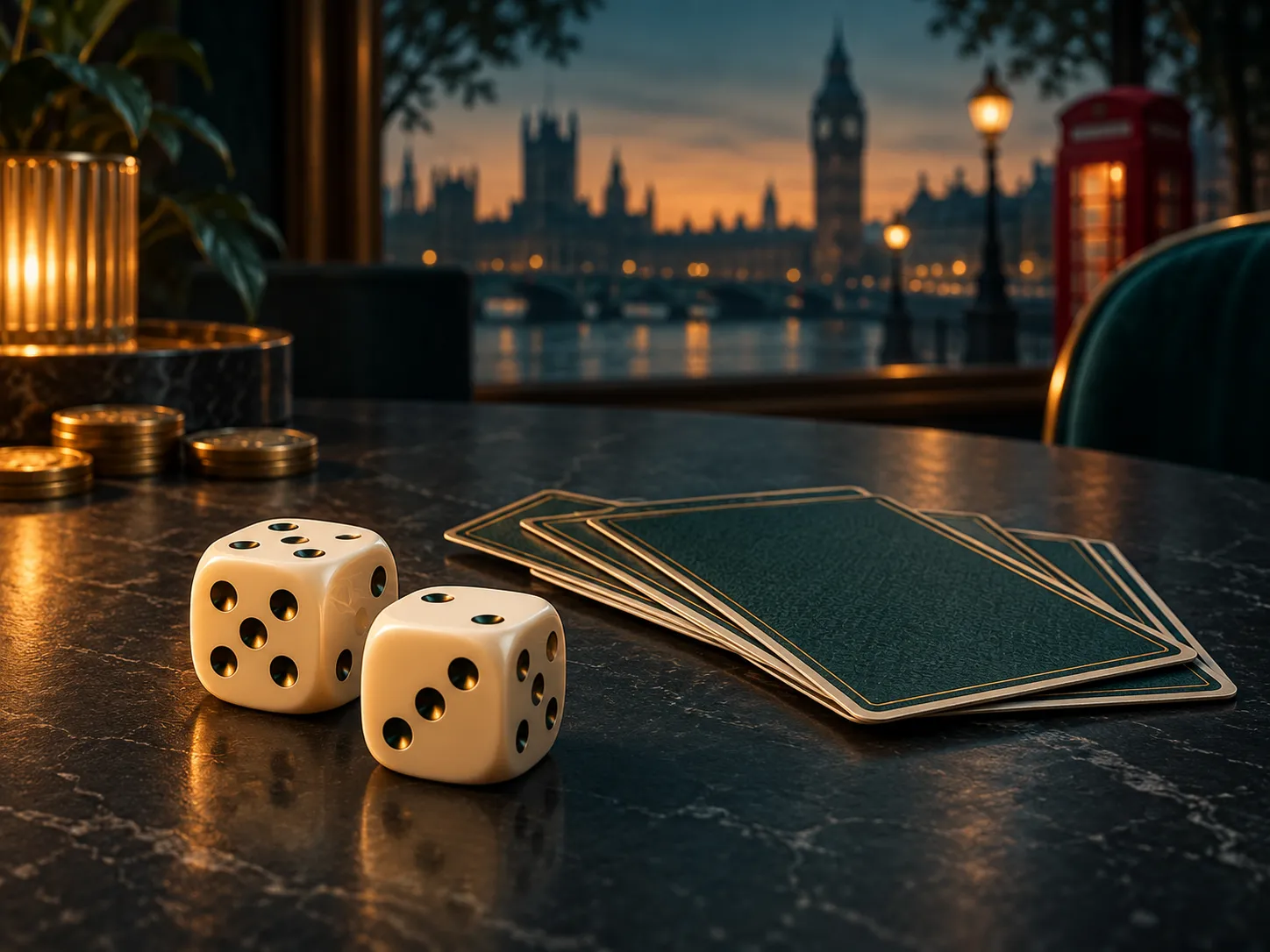 Minimal dice and playing cards arrangement lit with warm amber highlights on a deep teal background, calm editorial style