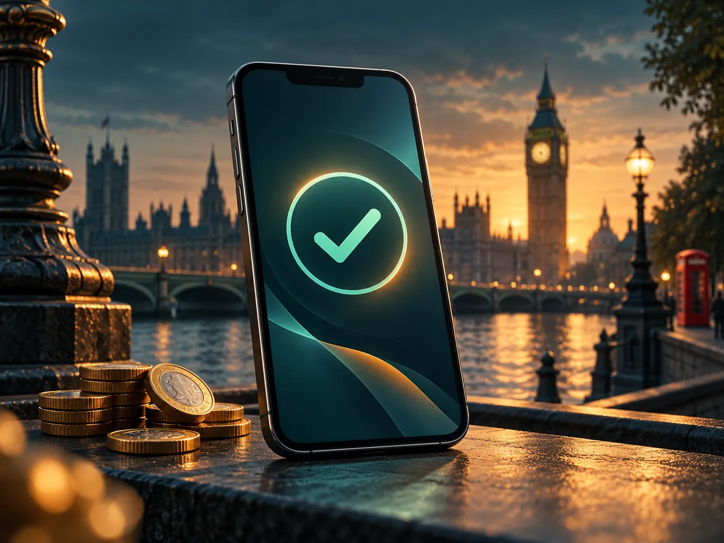 Semi-realistic digital painting of a smartphone displaying an abstract checkmark, deep teal and amber palette with soft mint 