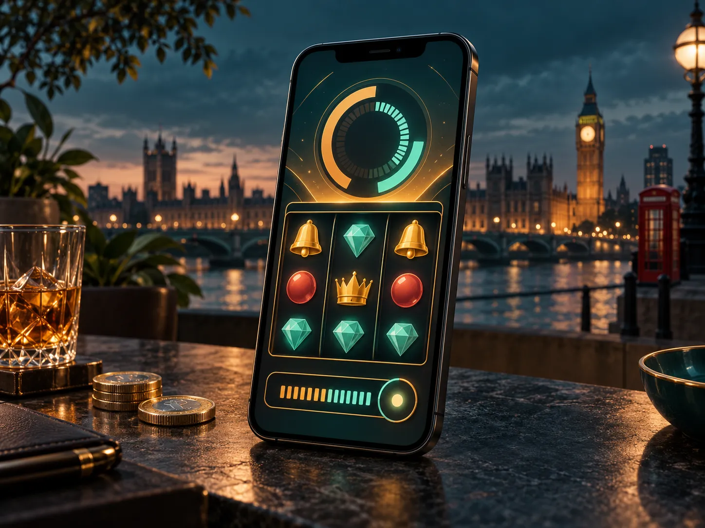 A smartphone displaying an abstract slot game with a countdown timer, set against a deep teal background with warm amber high