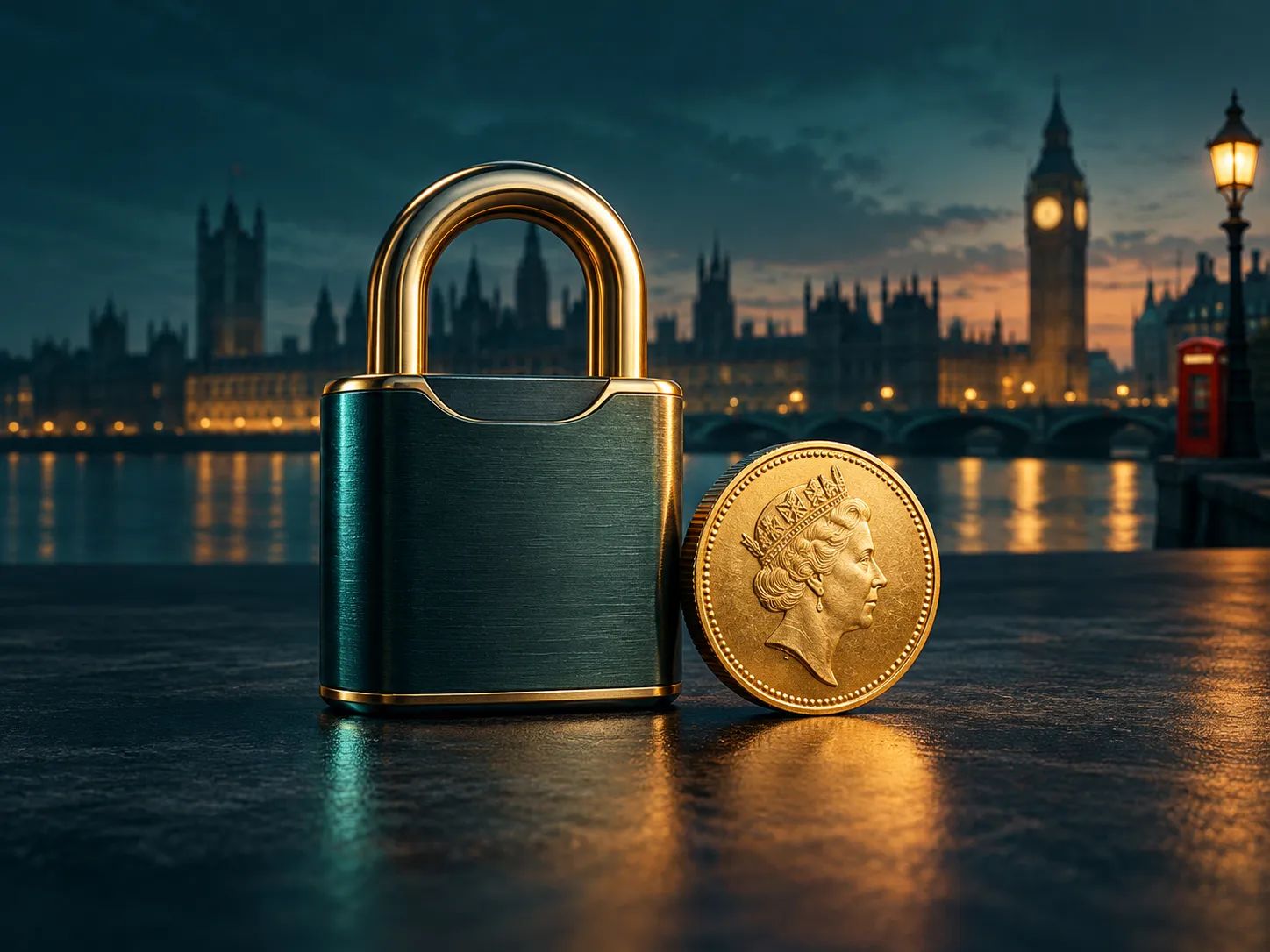 A padlock and gold coin side by side on a deep teal background with warm amber highlights, conveying trust and security.