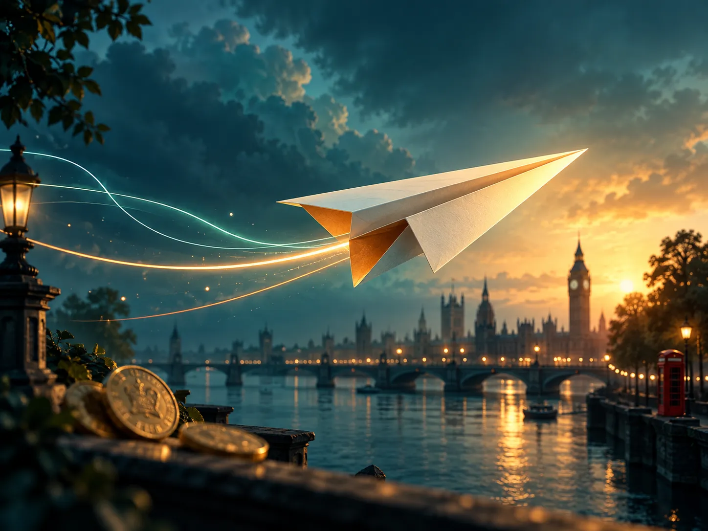 Abstract paper plane soaring through soft cinematic light against a deep teal background, warm amber highlights, editorial il