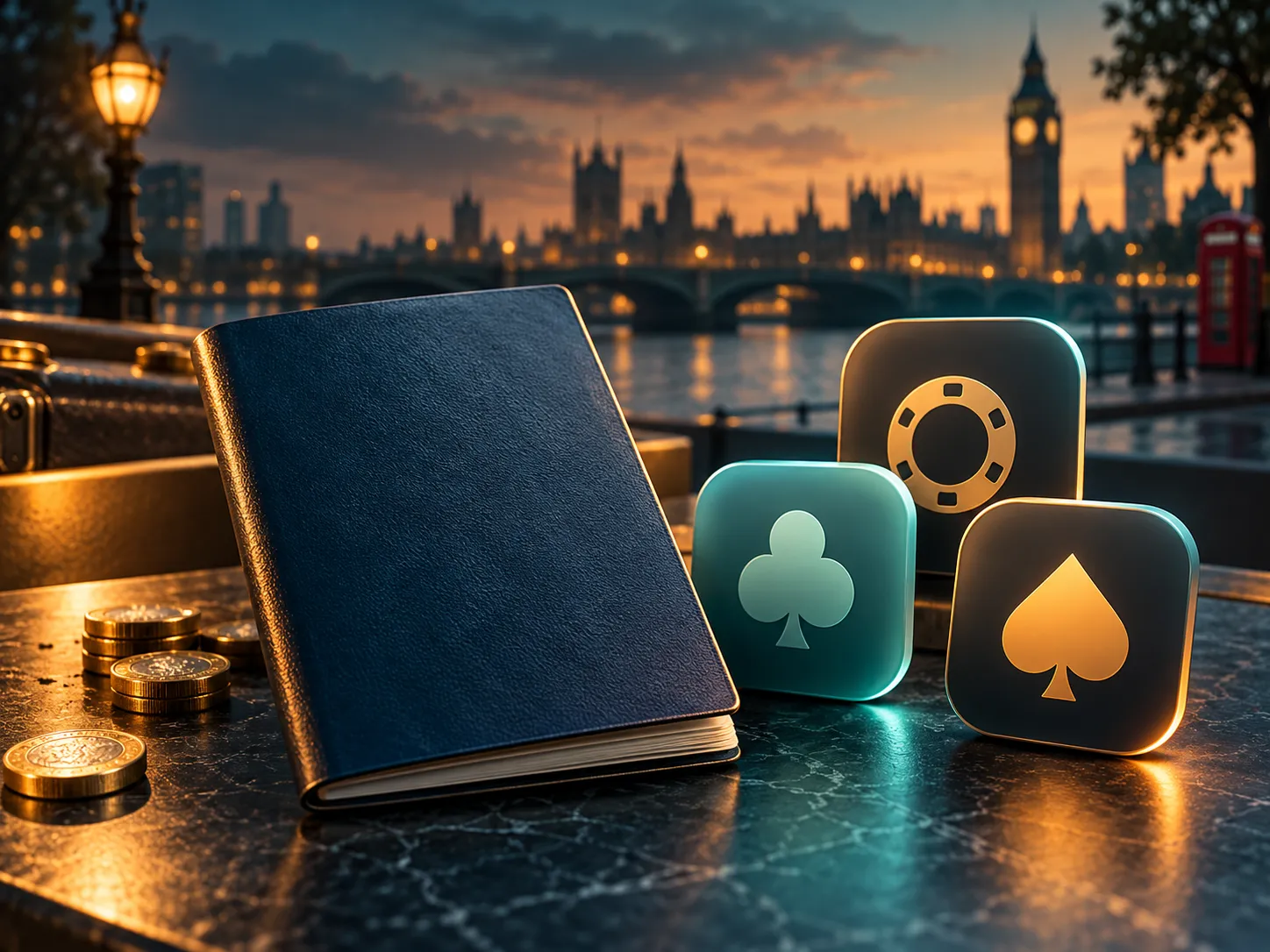 A passport beside several abstract app icons, set against a deep teal background with warm amber and mint accents in a cinema