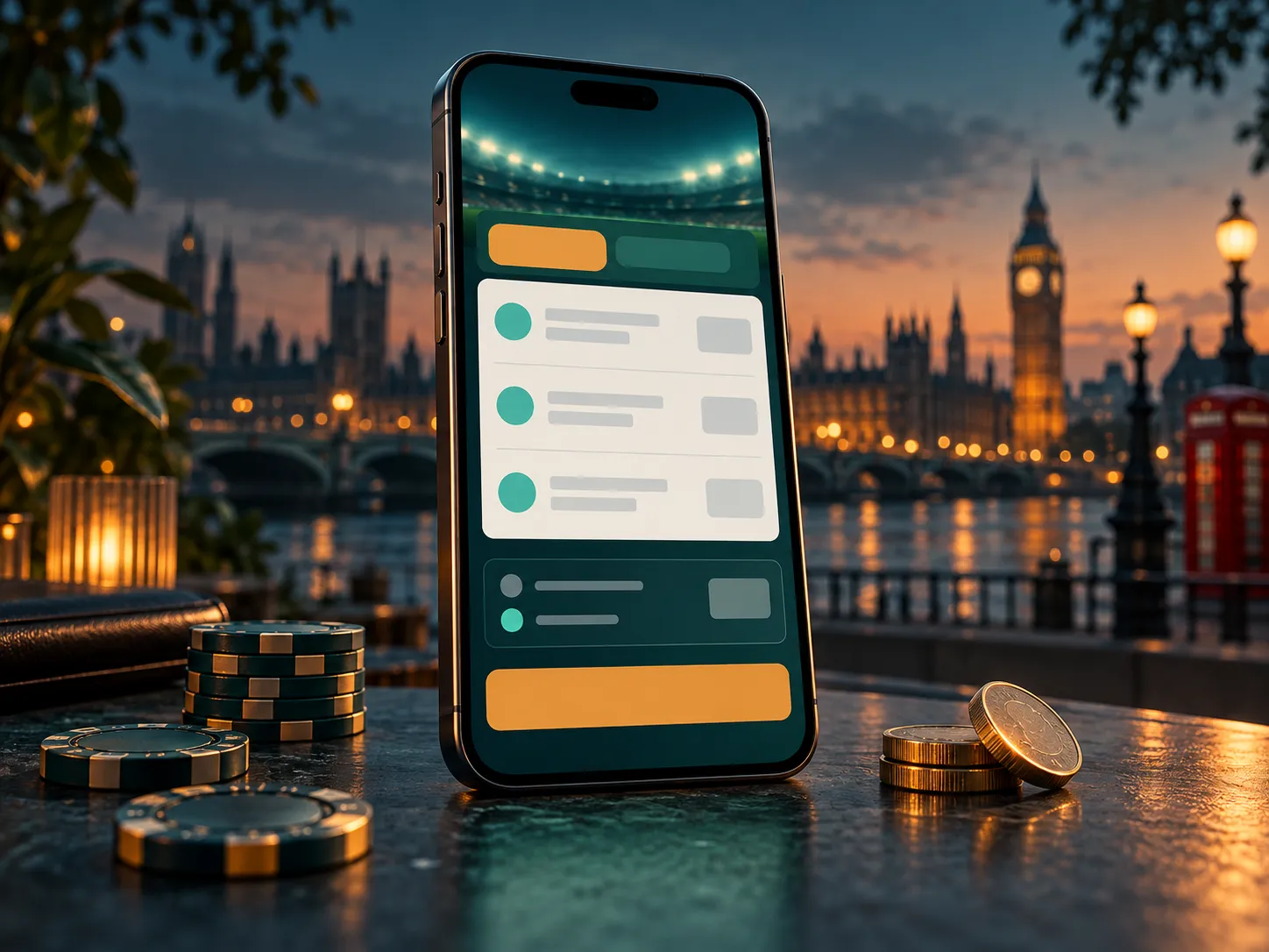 Smartphone showing abstract betting slip with deep teal background, amber highlights, and faint London skyline silhouette in 