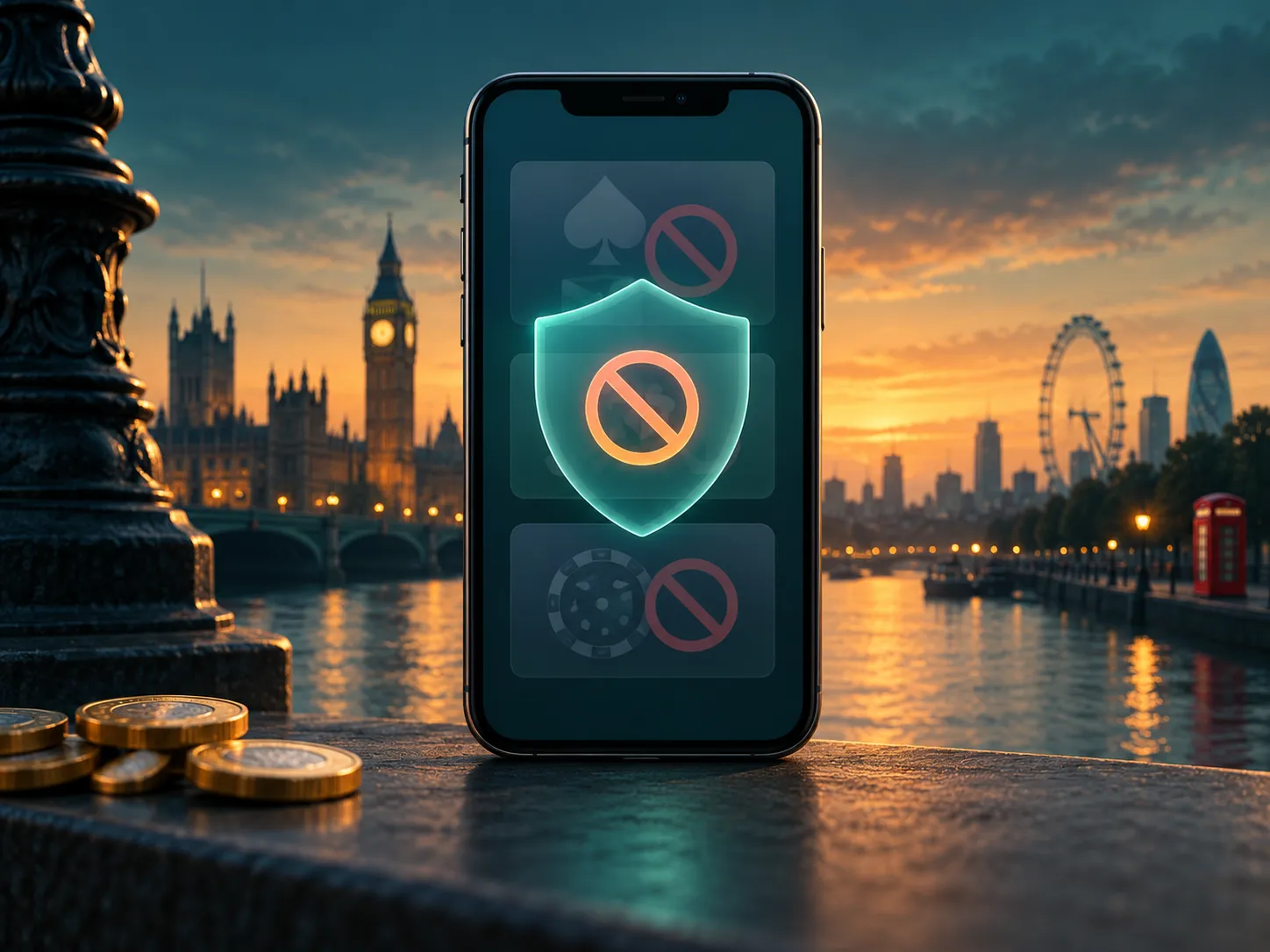A smartphone displaying a protective shield icon symbolising a gambling-blocking app, set against a deep teal background with