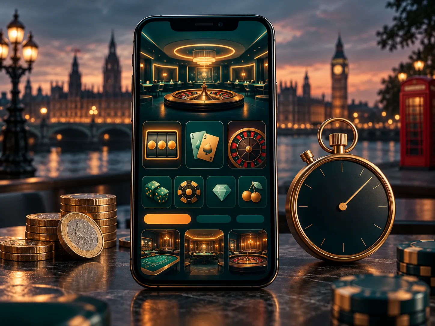 Close-up of a smartphone displaying an abstract casino lobby interface beside a stopwatch, teal and amber tones, cinematic li