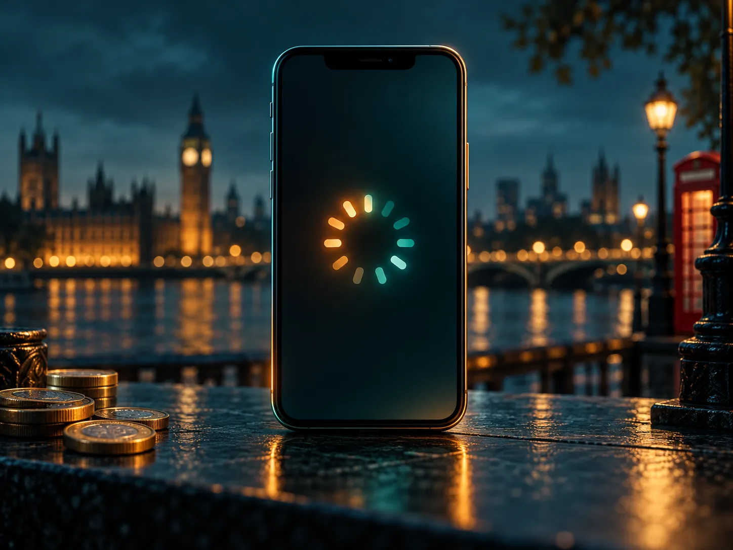A smartphone displaying a loading spinner on a dark teal background with cinematic lighting and amber accents