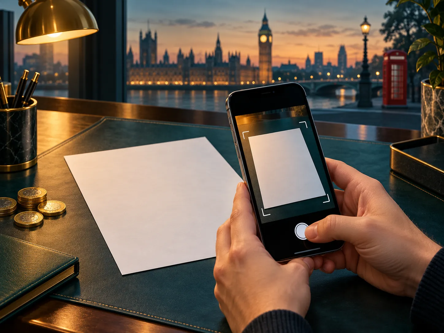 Semi-realistic digital painting of a smartphone photographing a document, teal and charcoal palette with amber highlights, ci