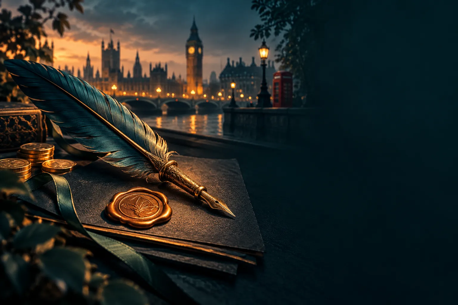 A quill pen resting beside a wax seal on dark paper, editorial illustration with deep teal and amber tones, calm trustworthy 