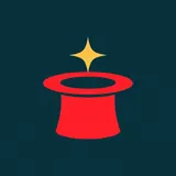 Flat vector emblem of a red magician's top hat with a small gold spark accent on a deep teal background