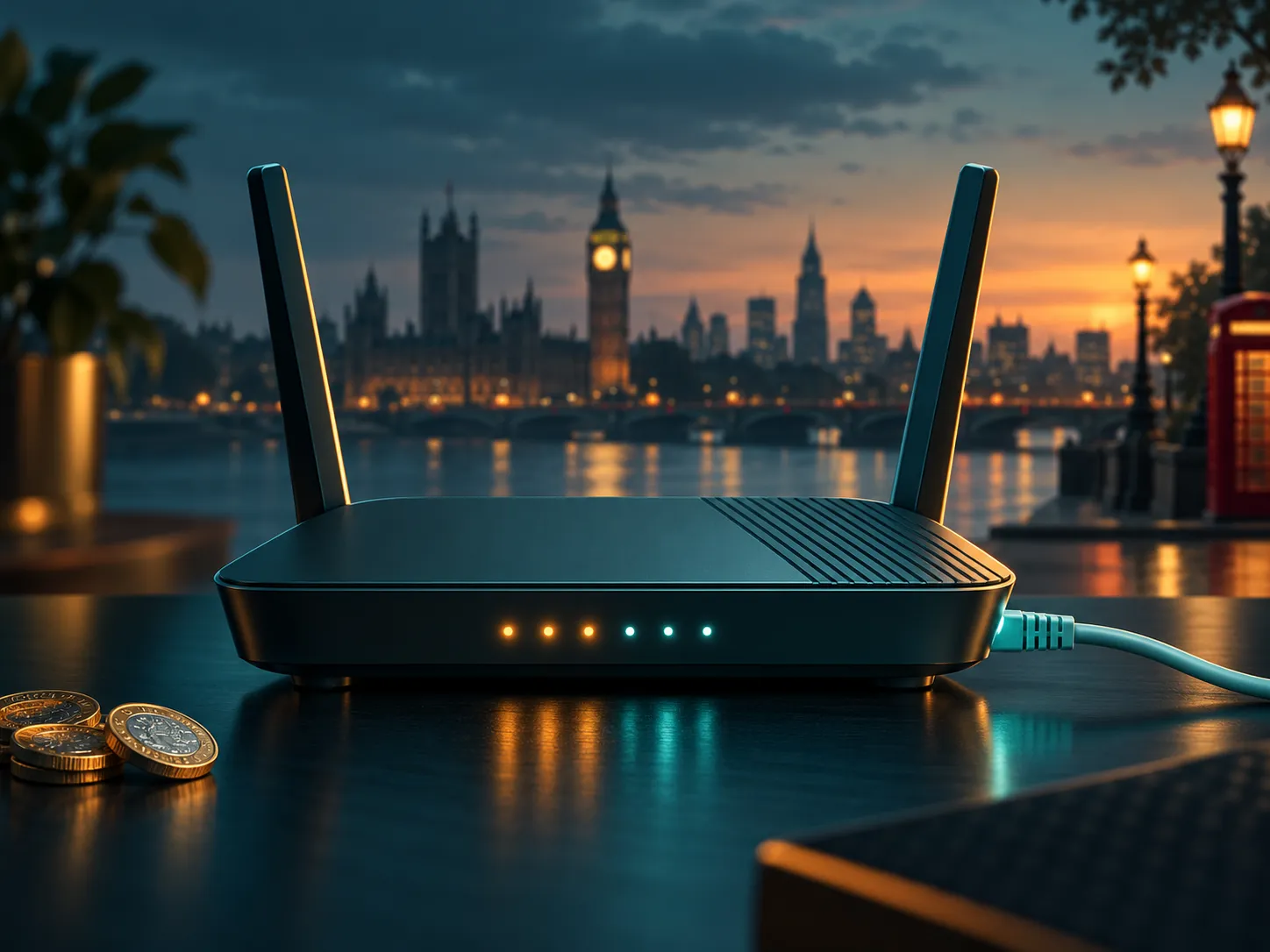 Semi-realistic digital painting of a router with glowing amber indicator lights and ethernet cable on a deep teal background