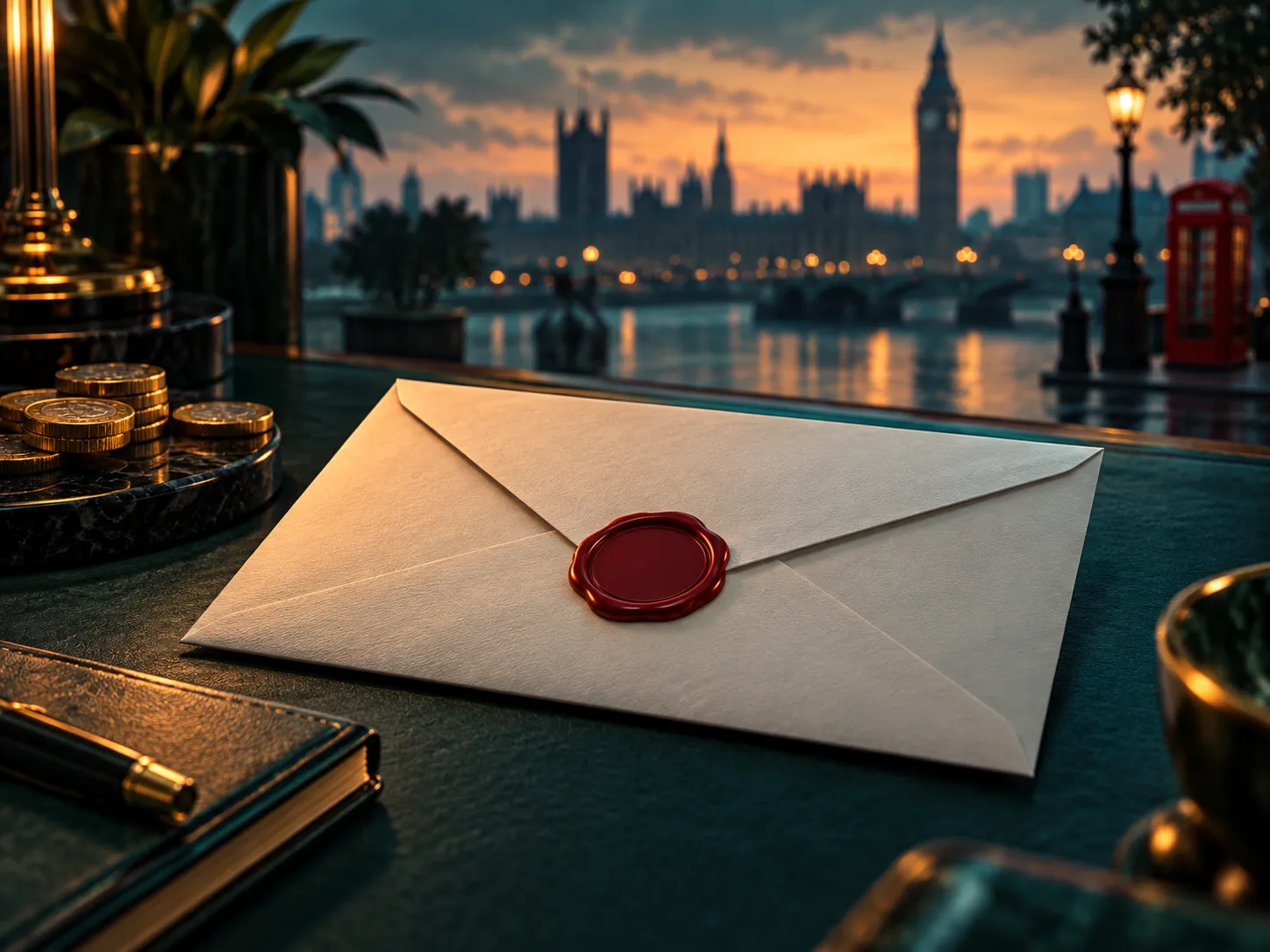 Semi-realistic digital painting of a sealed envelope with a wax seal, deep teal and charcoal background with warm amber highl