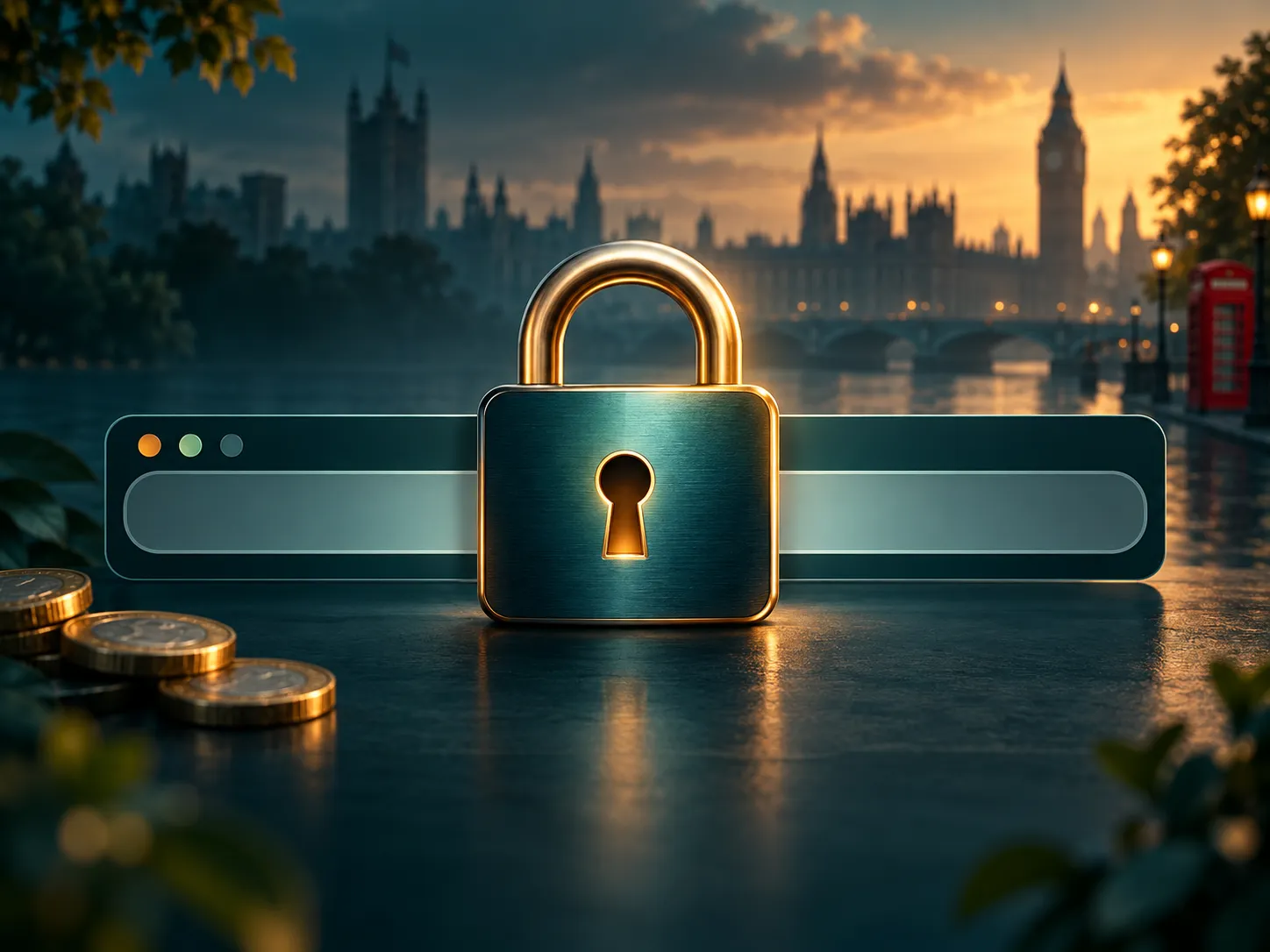 A glowing amber padlock icon overlaid on an abstract browser address bar in deep teal and charcoal tones, symbolising secure 
