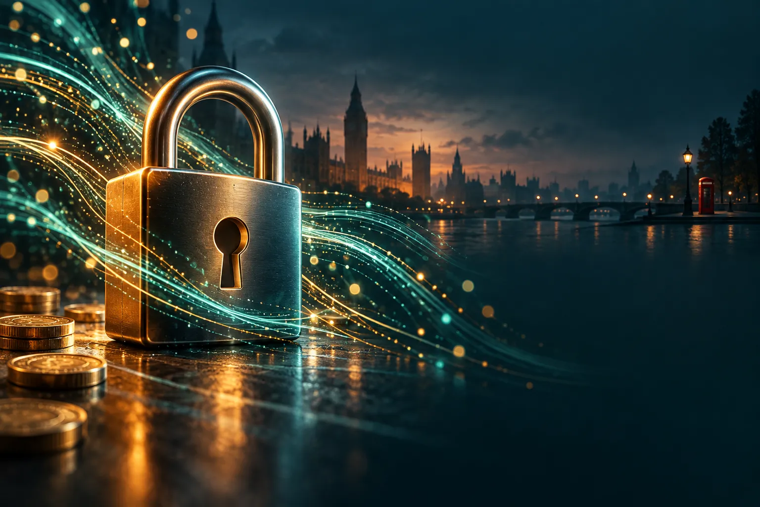 A glowing amber padlock overlaid on abstract teal data streams, set against a deep charcoal background in a cinematic editori