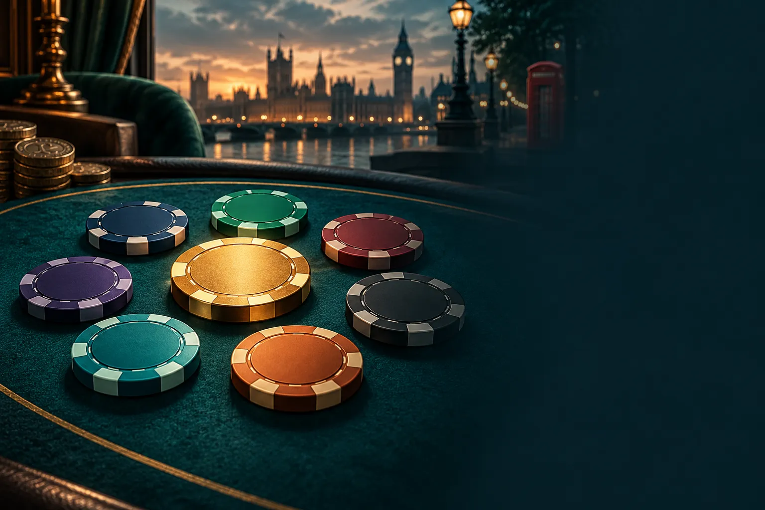 Seven abstract casino chips arranged around one gold chip on a dark teal felt table, warm amber and mint accents, editorial s