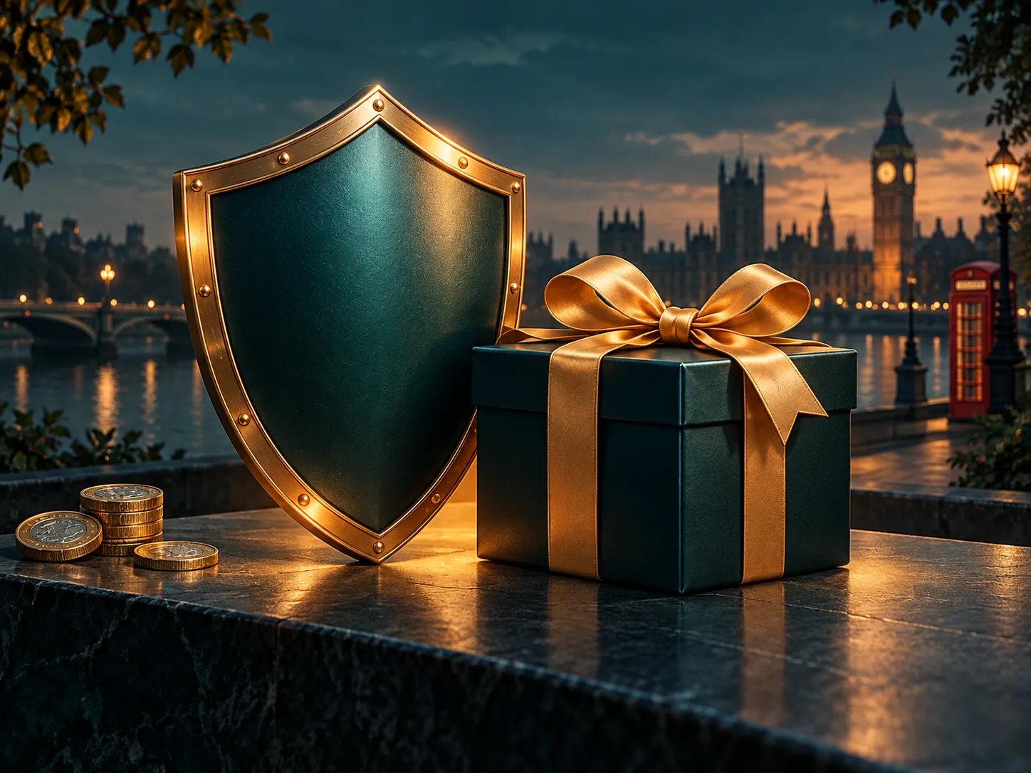 A shield and gift box side by side in deep teal and amber tones, evoking trust and bonuses for a UK casino review site.