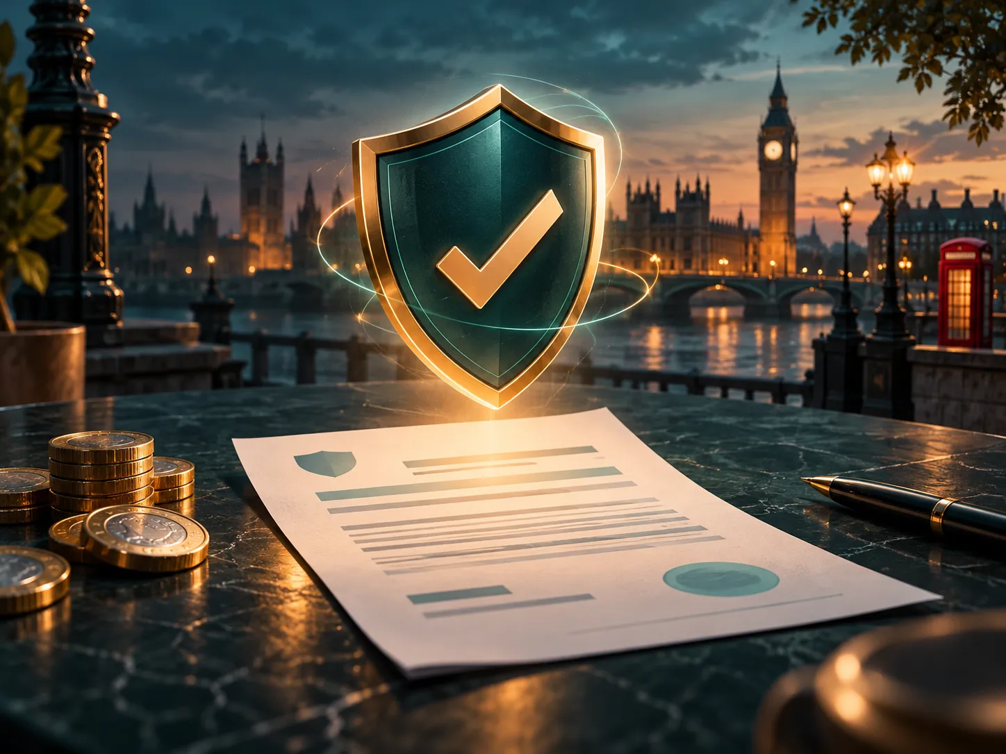 A glowing amber shield resting over a formal document, set against deep teal background with subtle London skyline silhouette
