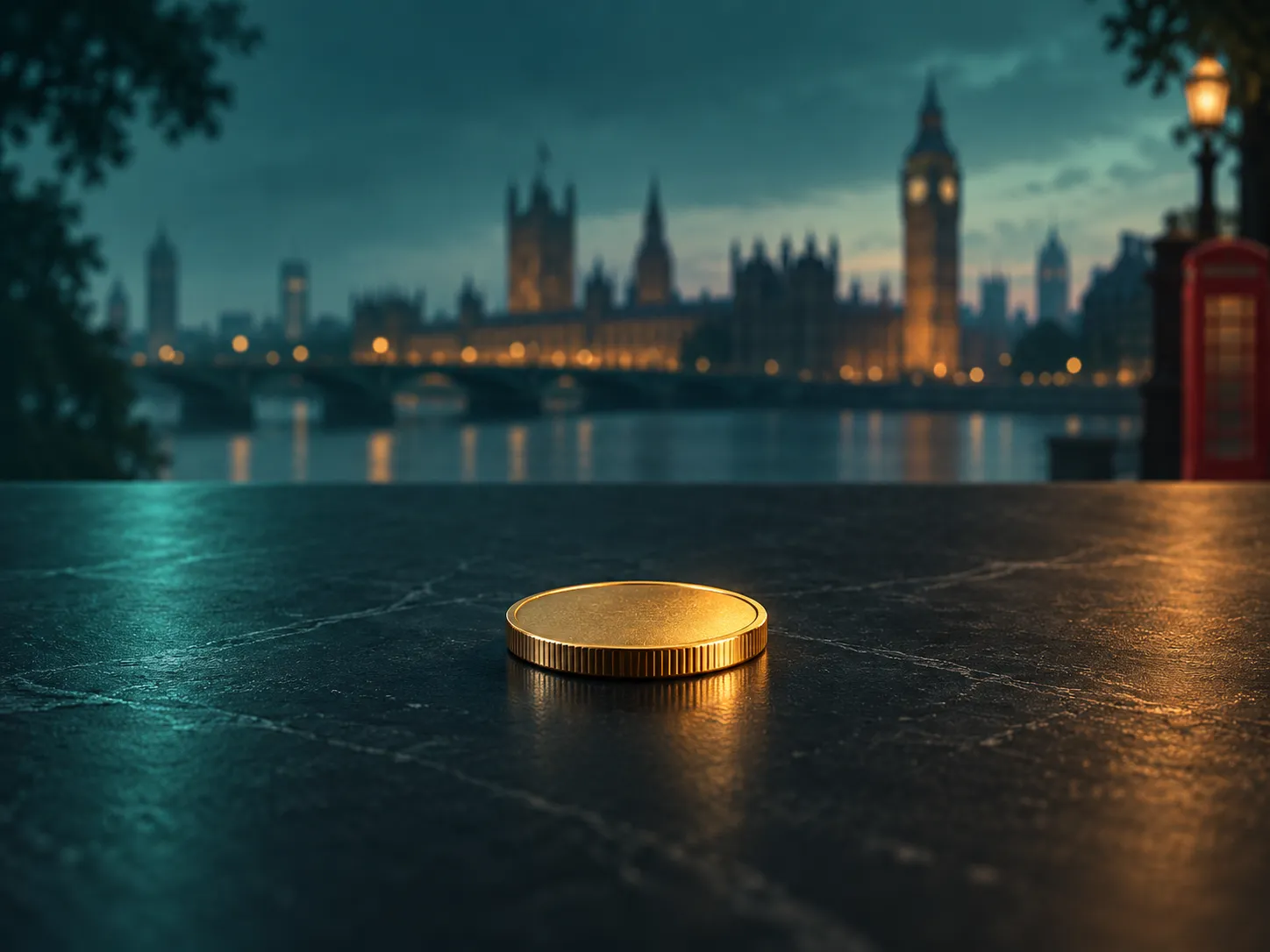 A single gold coin resting on a dark table, softly lit with warm amber highlights against a deep teal background, minimal com