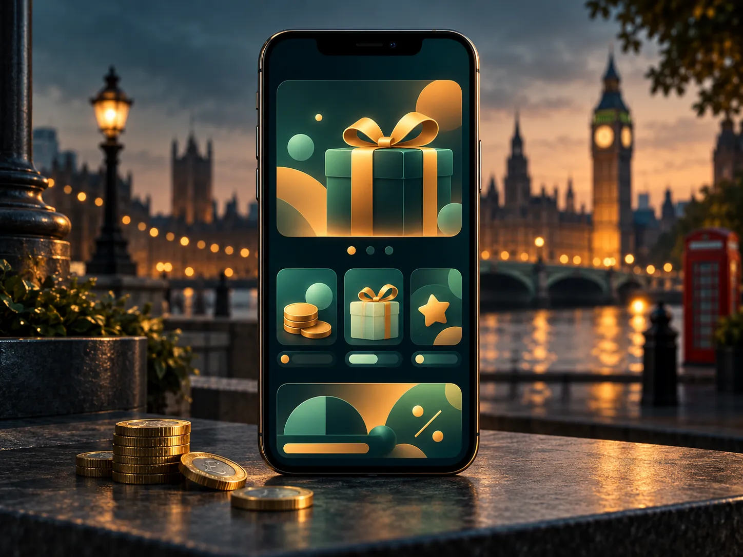 A smartphone displaying an abstract promotions interface, deep teal and charcoal background with warm amber highlights, subtl