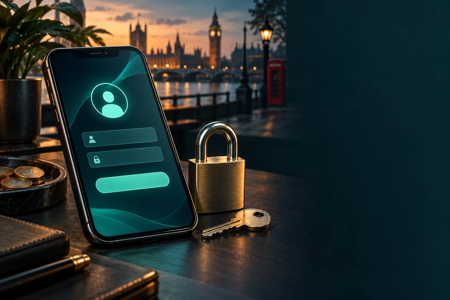 Glowing teal login form on smartphone screen beside key and padlock on dark desk, with subtle UK skyline accents