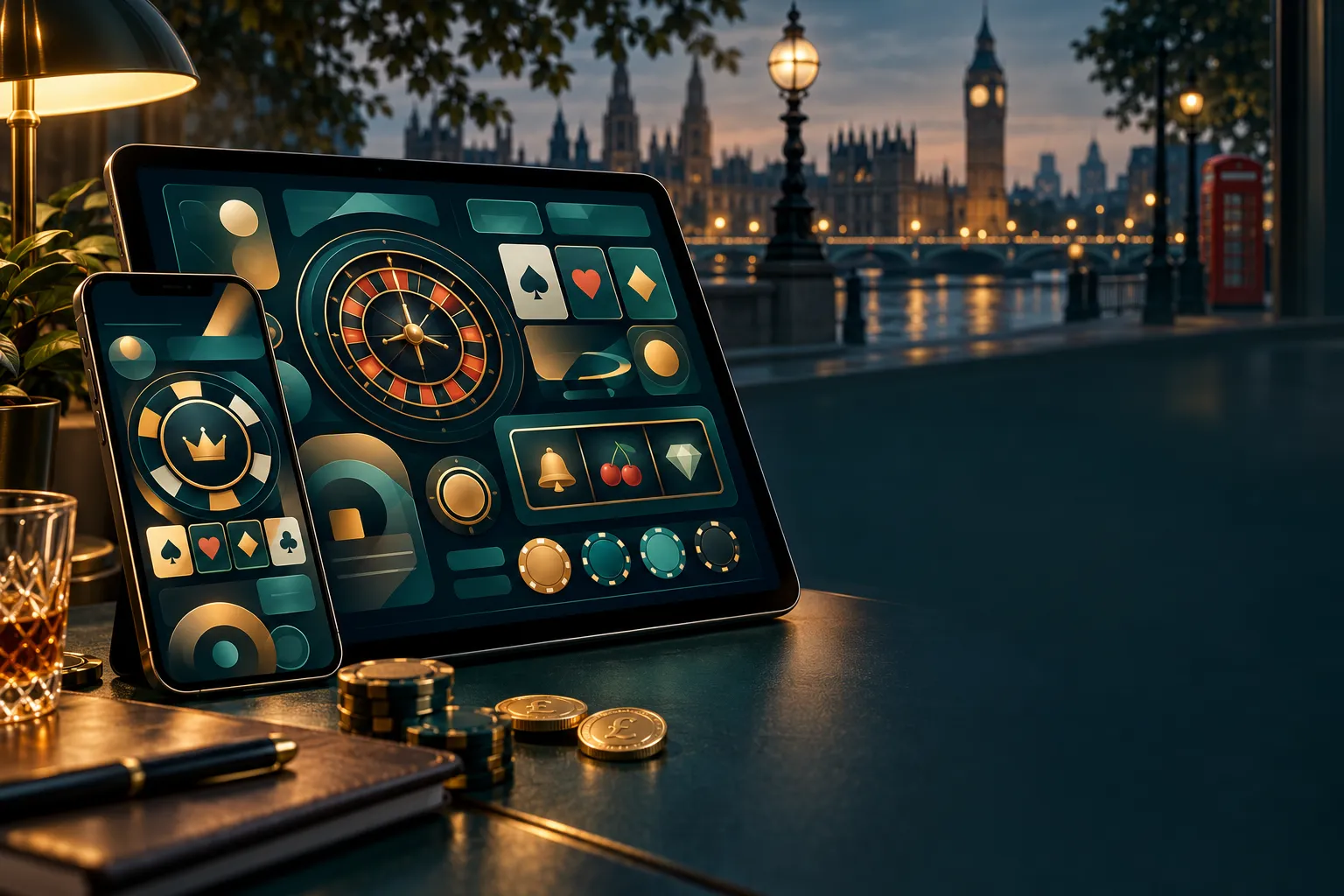 Smartphone and tablet on a dark teal desk showing an abstract casino interface with warm amber highlights and cinematic light