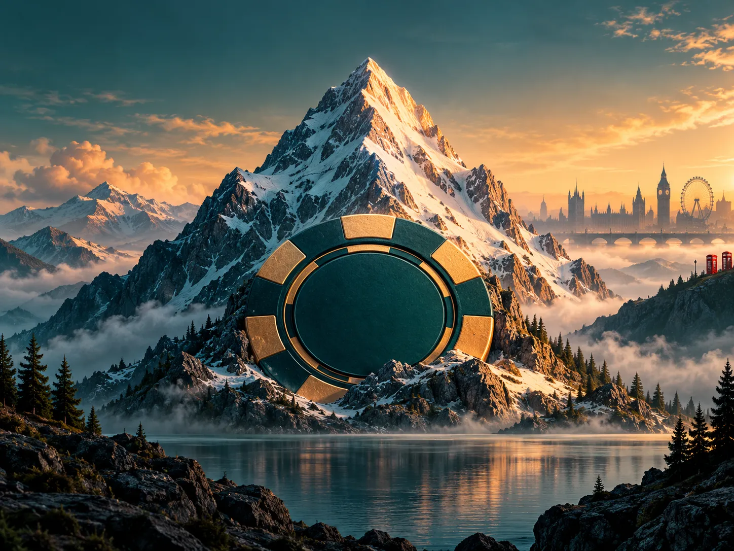 Abstract semi-realistic illustration of a snowy mountain silhouette with a casino chip, deep teal and amber palette with cine