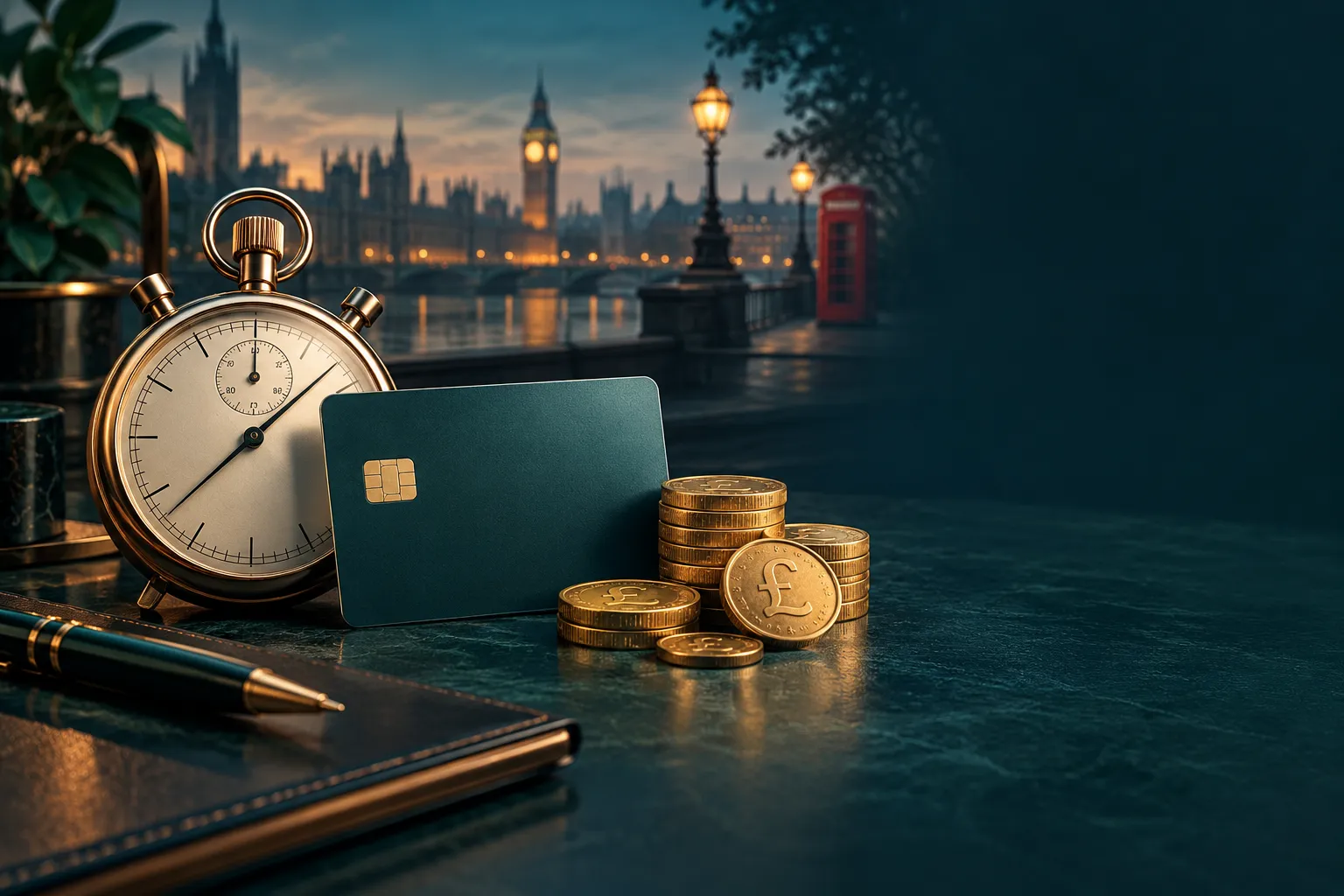 Stopwatch, e-wallet card and gold coins arranged on a dark teal desk with warm amber highlights, editorial style