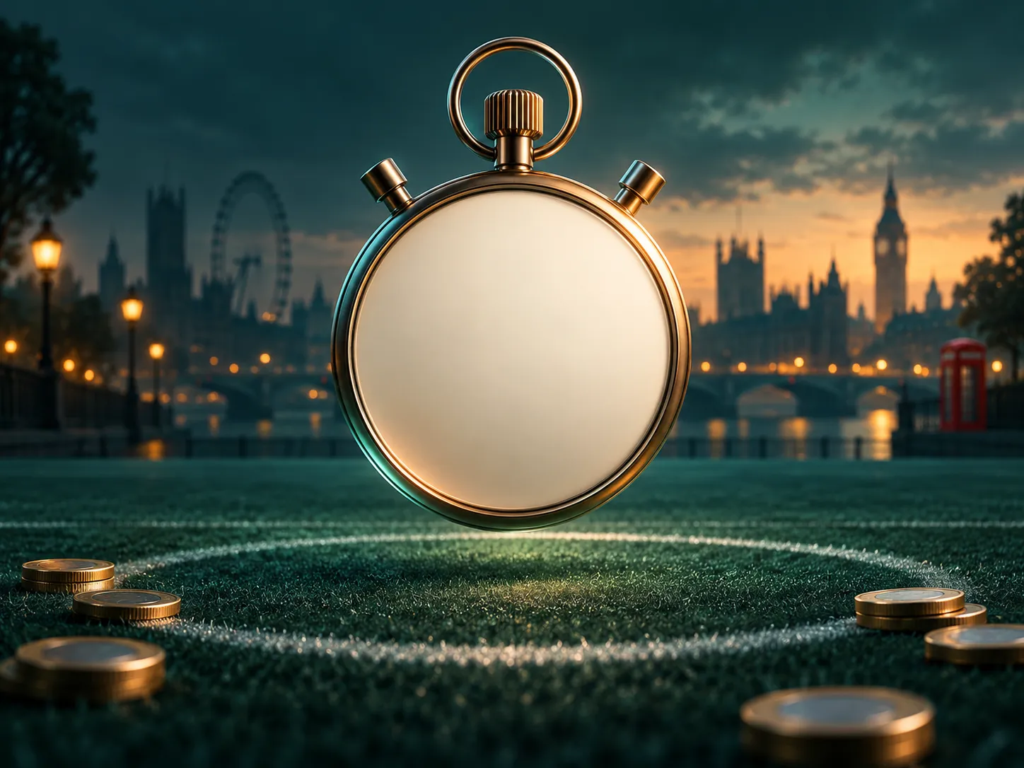 A stopwatch suspended over a green football pitch, rendered in deep teal and warm amber tones with soft cinematic lighting an
