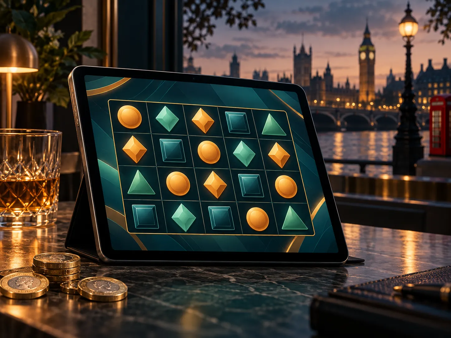 Semi-realistic editorial illustration of a tablet showing an abstract game grid, deep teal background, amber highlights, fain