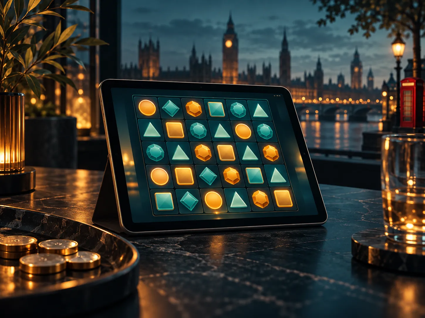 A tablet showing an abstract game grid with deep teal and warm amber tones, subtle London skyline silhouette in soft cinemati
