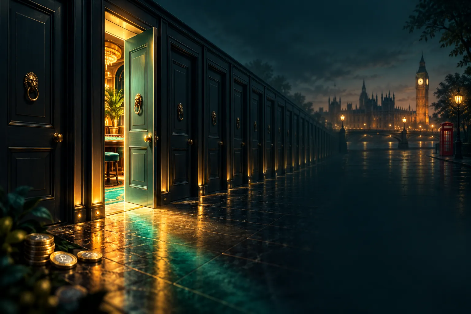 A dark corridor of identical doors with one illuminated in teal and gold, symbolising a genuine casino review site among imit