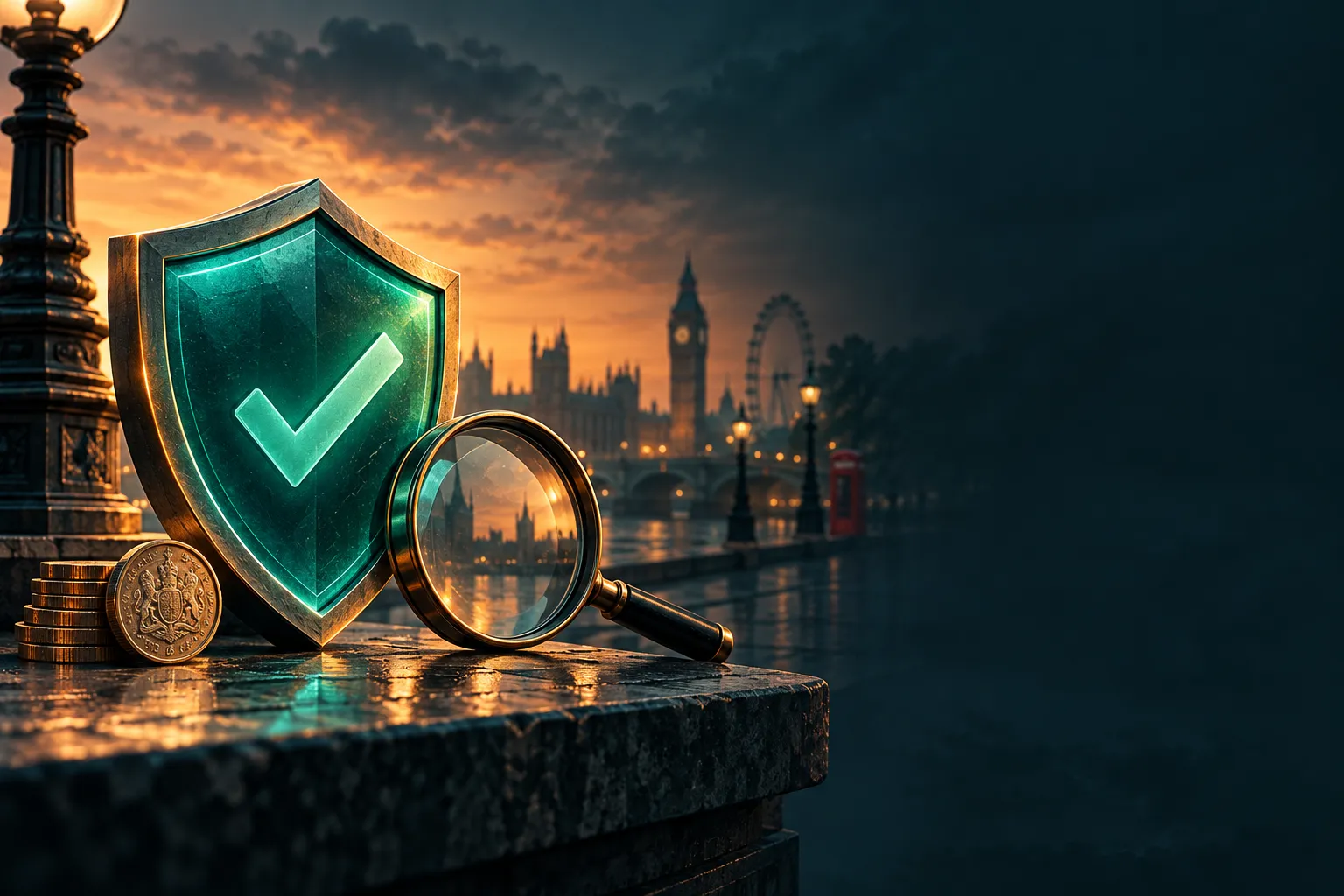 Glowing teal shield with checkmark beside magnifying glass on dark background, UK casino review editorial illustration