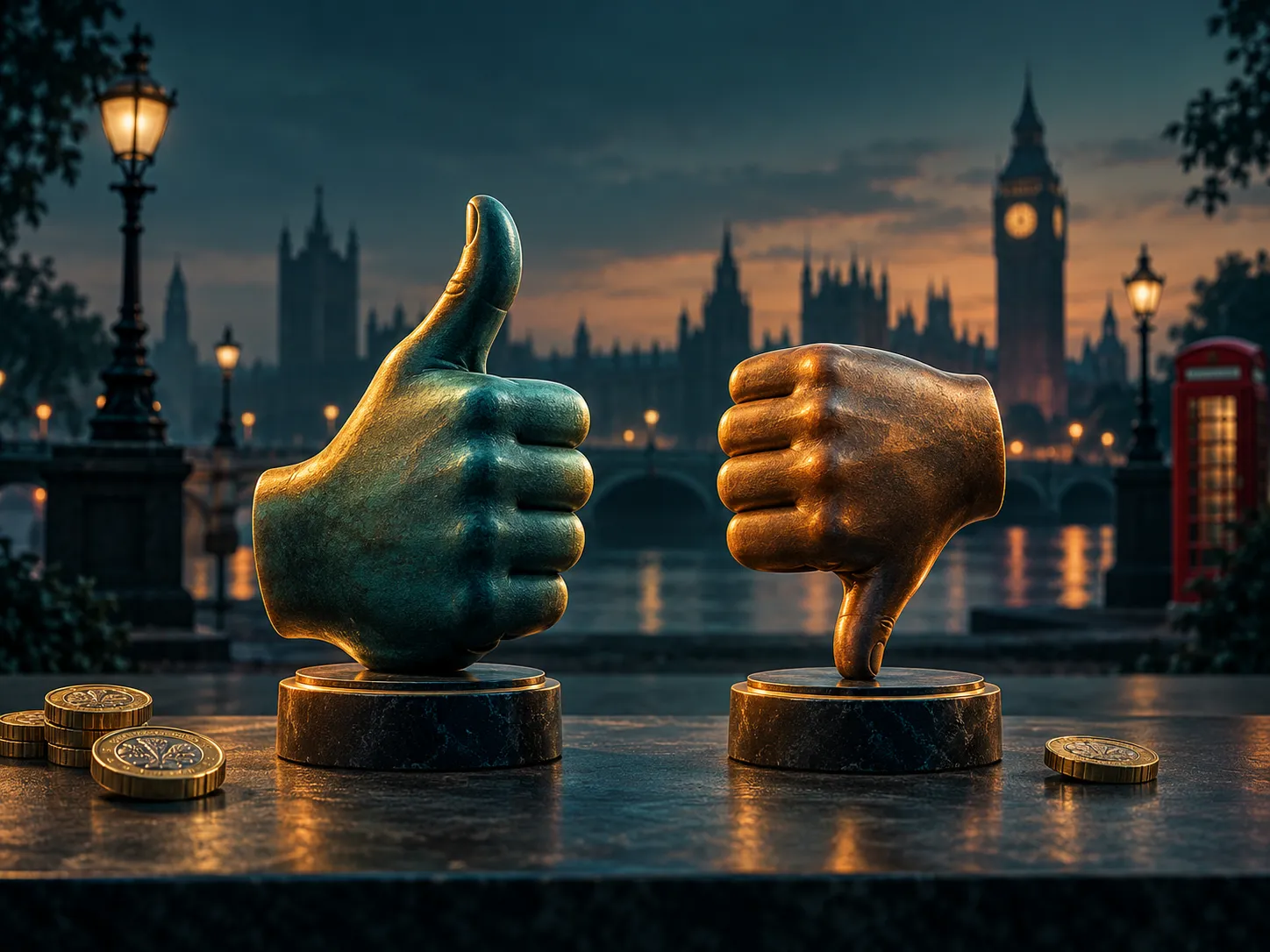 Semi-realistic digital painting of a thumbs up and thumbs down against a deep teal background with amber highlights and subtl