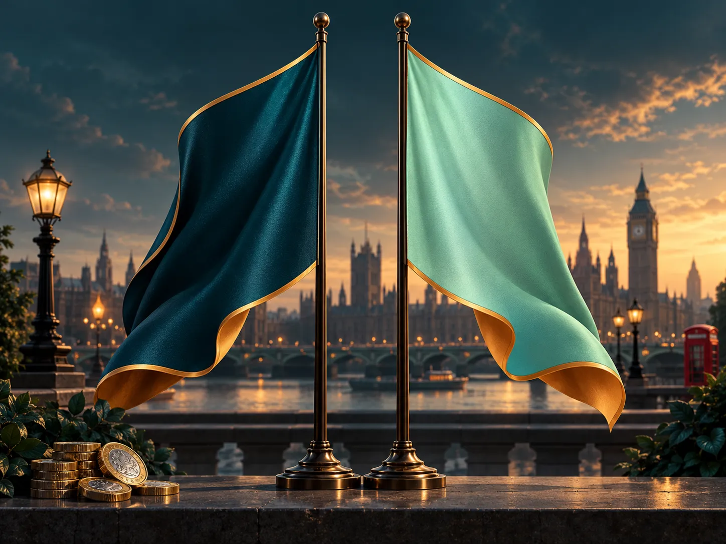 Two flag-shaped abstract banners placed side by side representing dual casino regulators, rendered in deep teal and amber ton