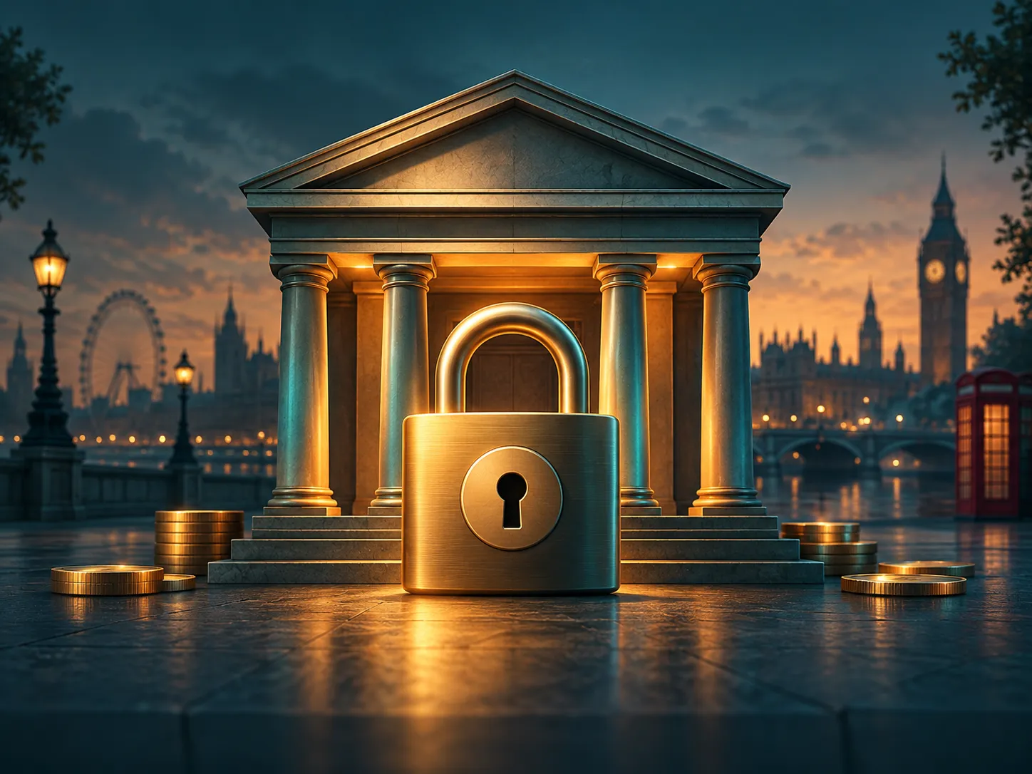 Minimalist illustration of a bank building and padlock with deep teal and amber tones, evoking financial security and trust