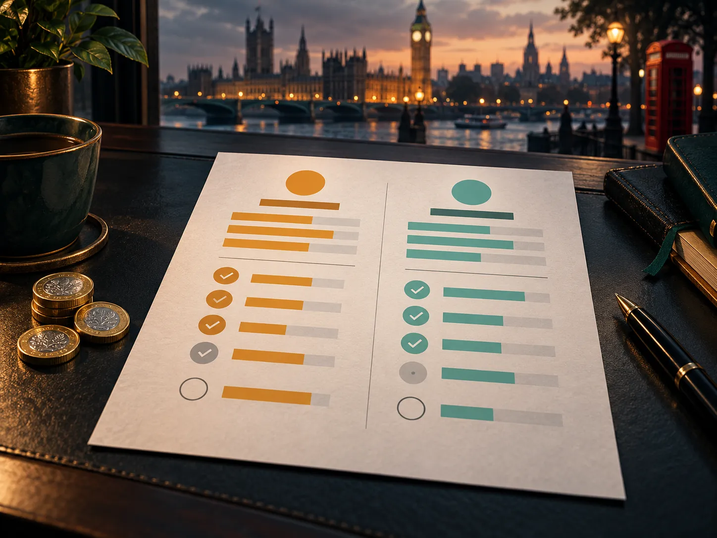 Semi-realistic illustration of a two-column comparison chart sketched on paper with abstract bars, deep teal and warm amber p