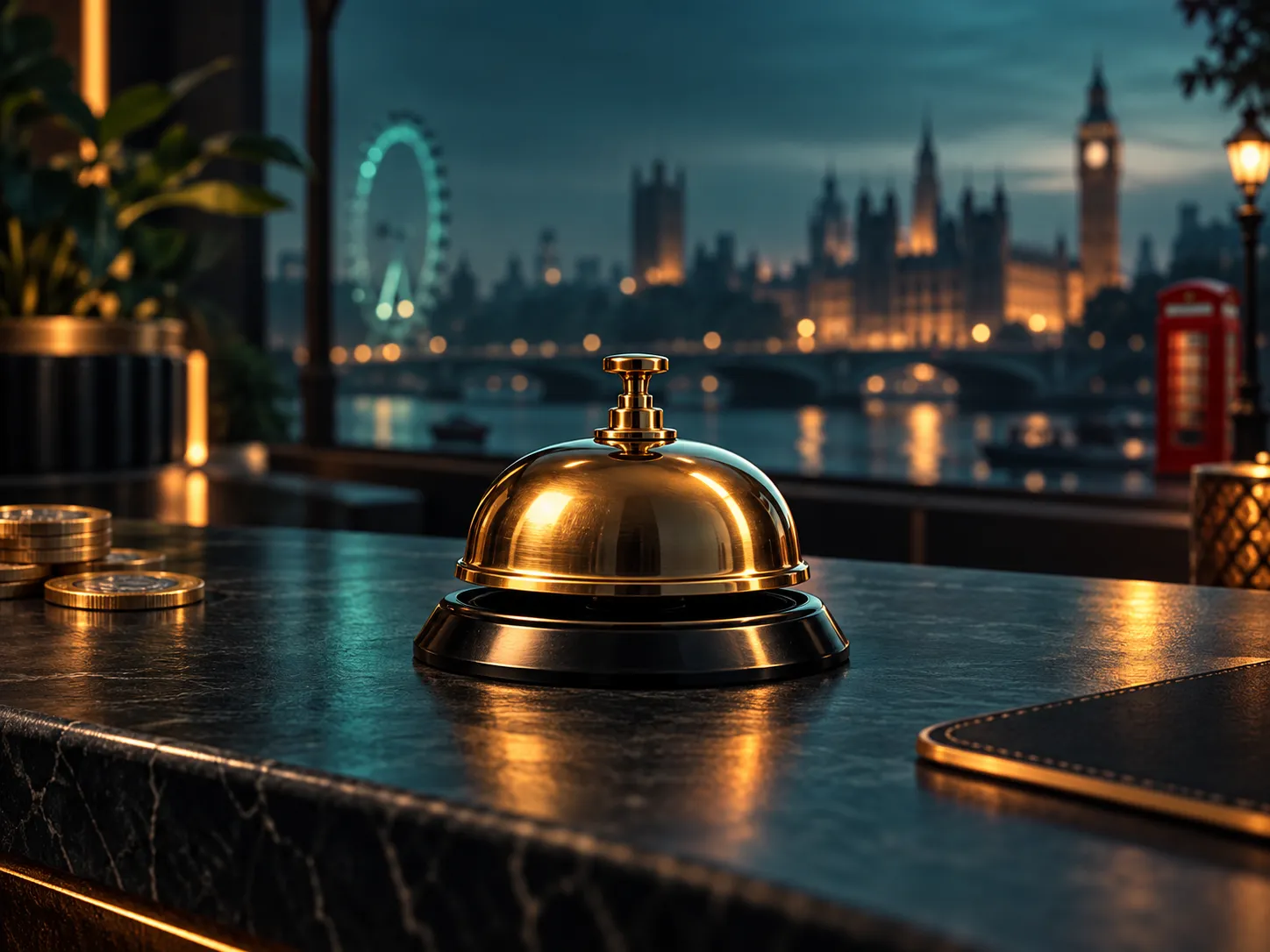 A gleaming help desk bell with warm amber highlights against a deep teal background, subtle London skyline silhouette in the